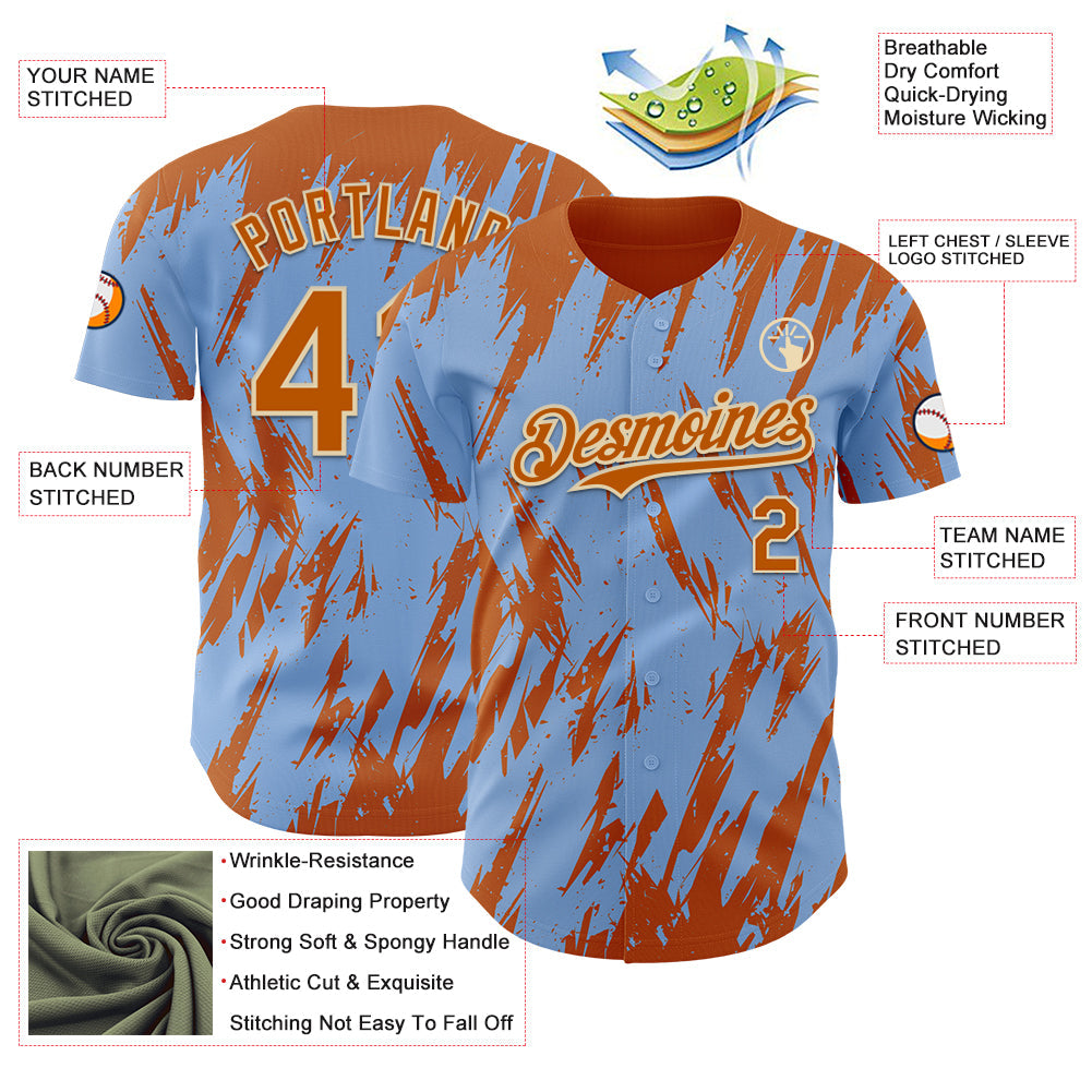 Custom Light Blue Bay Orange-Cream Splatter Torn Sharp Brush Stroke Authentic Baseball Jersey view 3