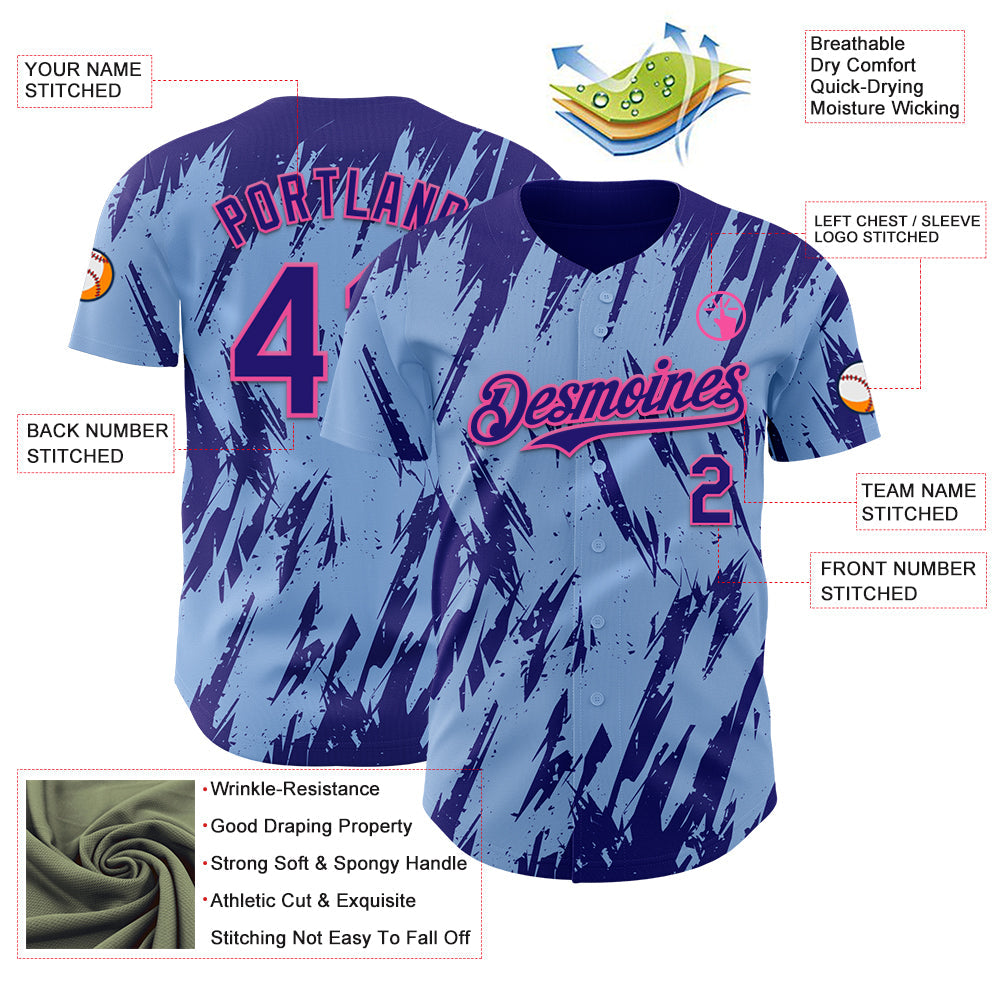 Custom Light Blue Dark Purple-Pink Splatter Torn Sharp Brush Stroke Authentic Baseball Jersey view 3