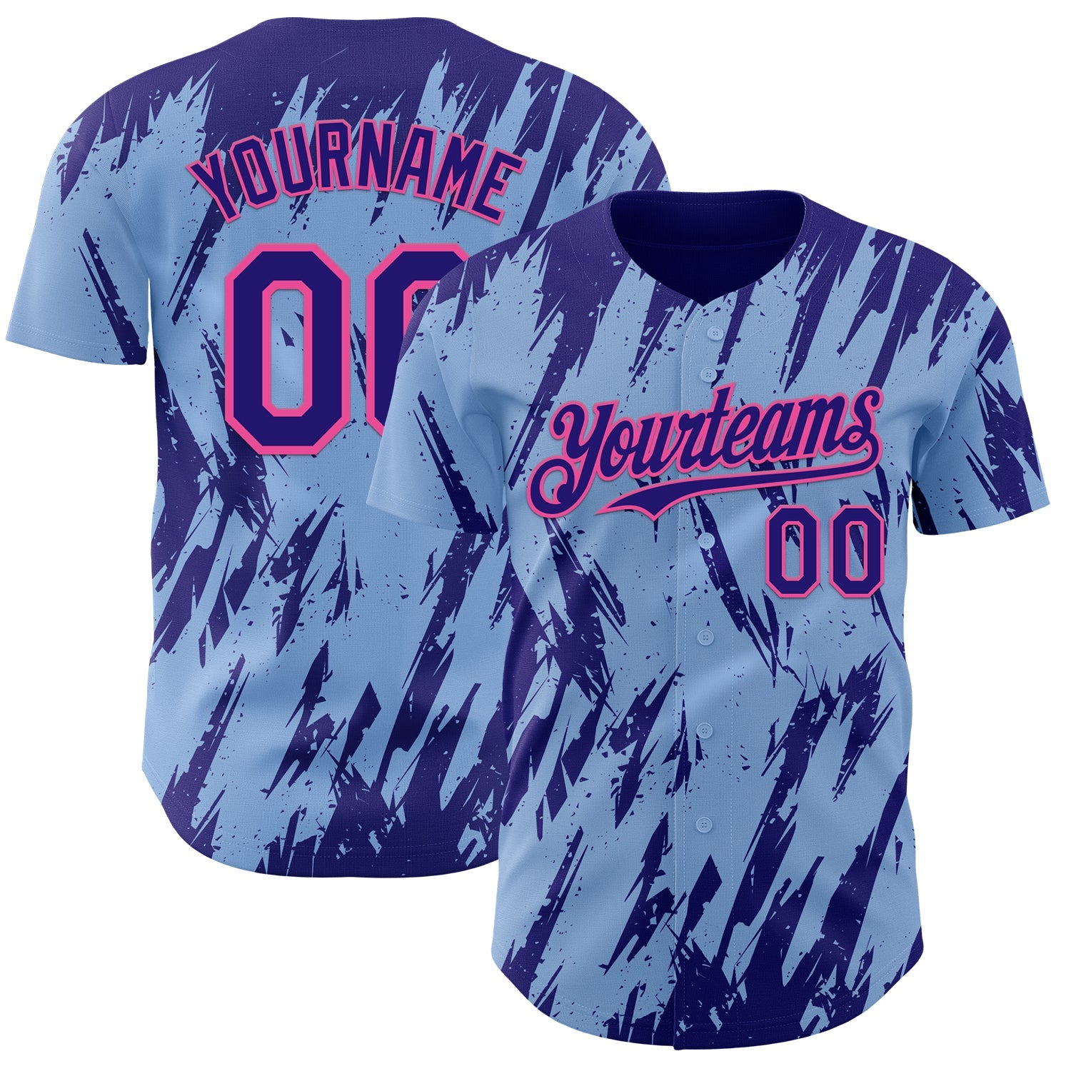 Custom Light Blue Dark Purple-Pink Splatter Torn Sharp Brush Stroke Authentic Baseball Jersey - Main View