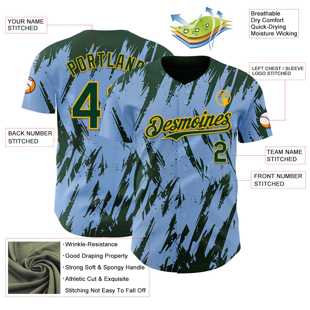 Custom Light Blue Green-Gold Splatter Torn Sharp Brush Stroke Authentic Baseball Jersey view 3