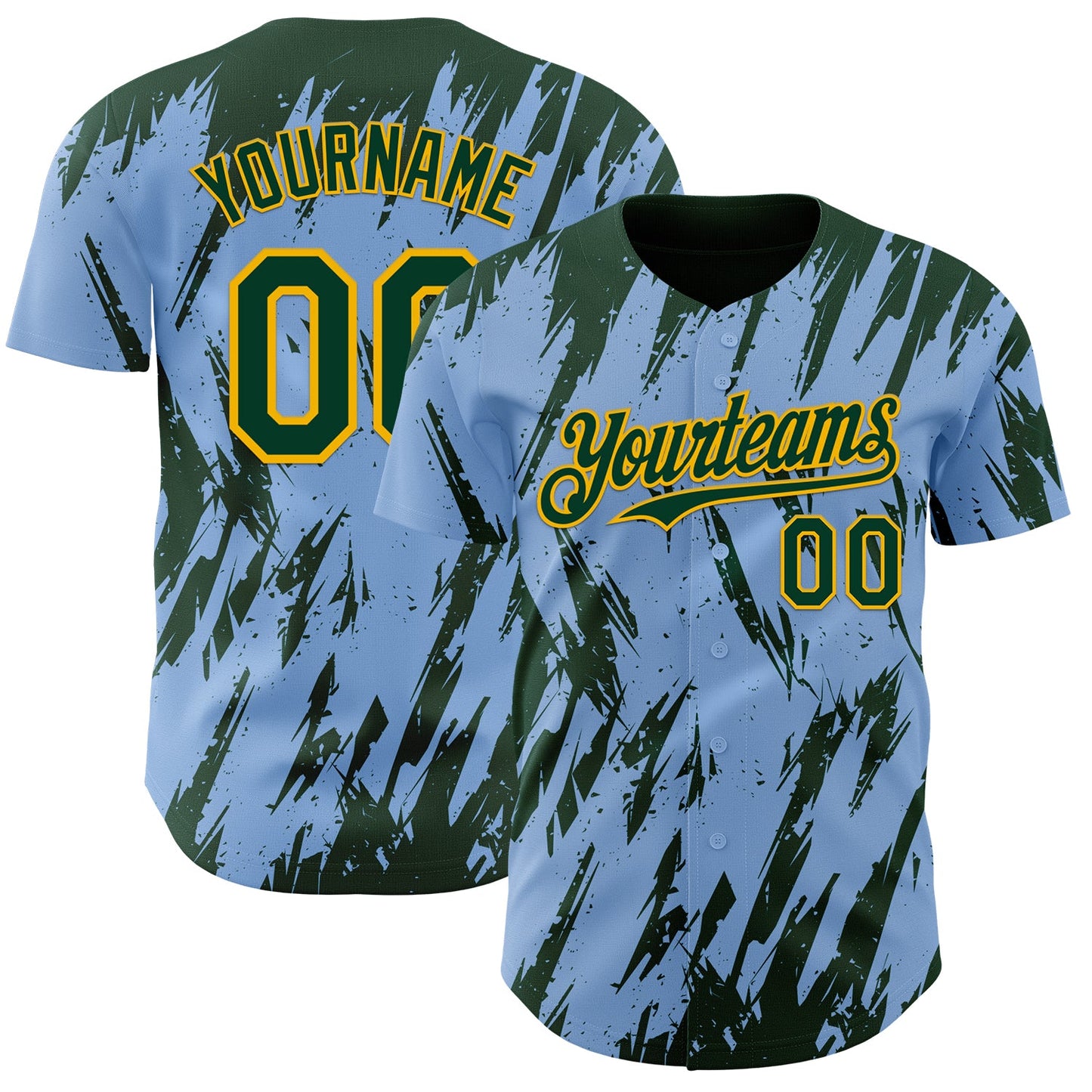 Custom Light Blue Green-Gold Splatter Torn Sharp Brush Stroke Authentic Baseball Jersey - Main View
