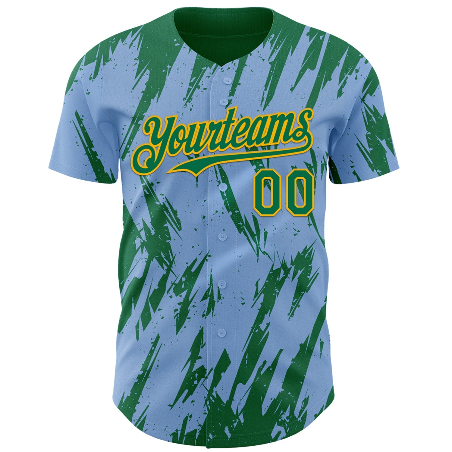 Custom Light Blue Kelly Green-Gold Splatter Torn Sharp Brush Stroke Authentic Baseball Jersey view 2