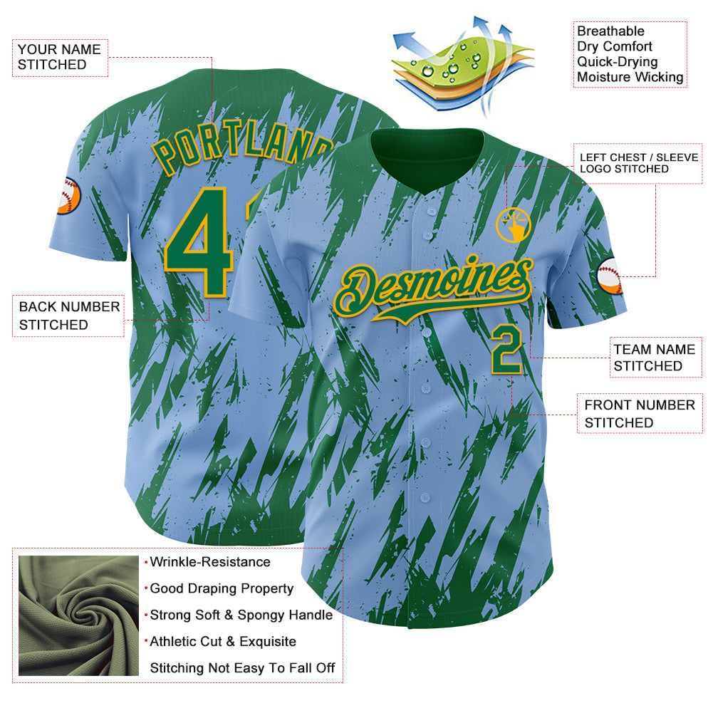 Custom Light Blue Kelly Green-Gold Splatter Torn Sharp Brush Stroke Authentic Baseball Jersey view 3
