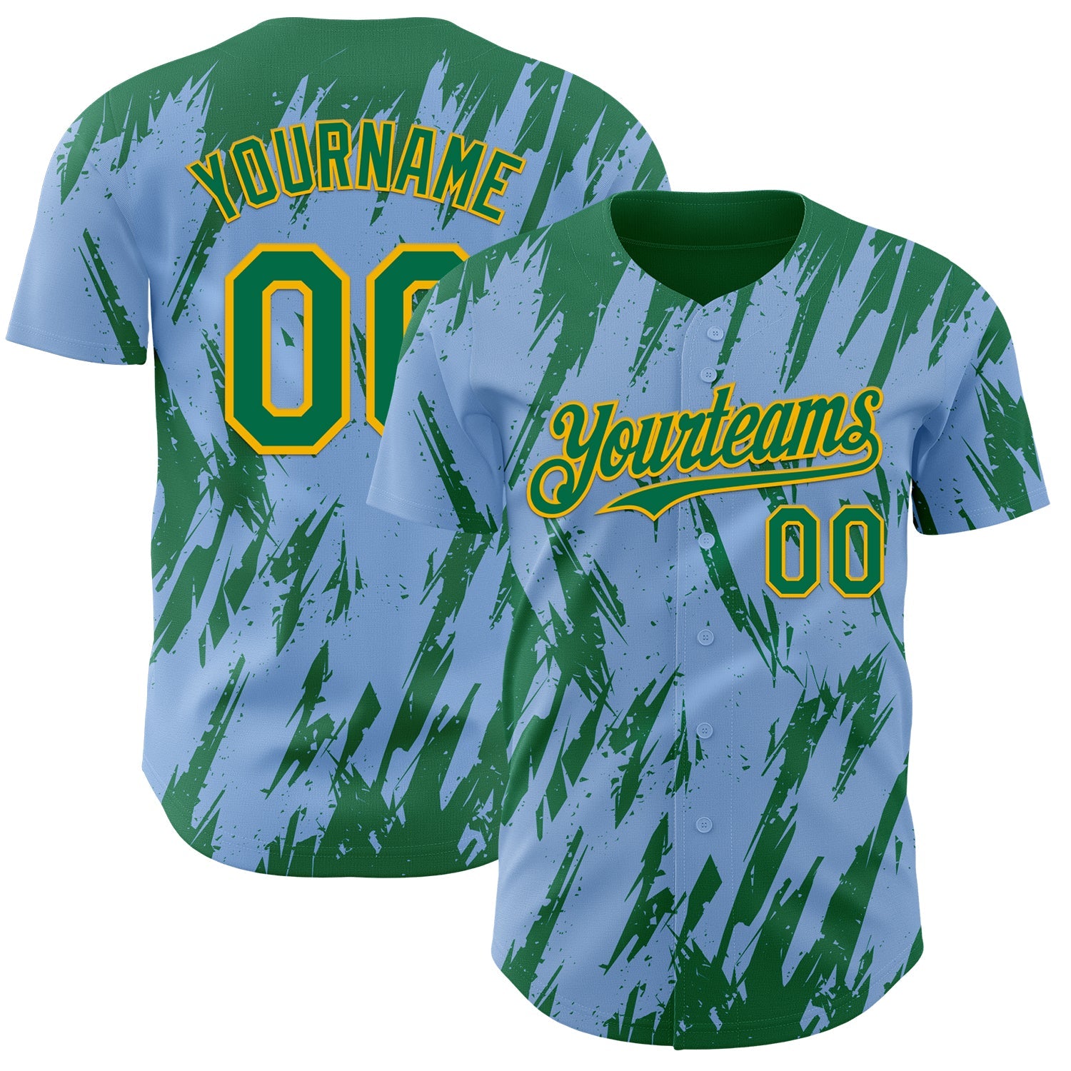 Custom Light Blue Kelly Green-Gold Splatter Torn Sharp Brush Stroke Authentic Baseball Jersey - Main View