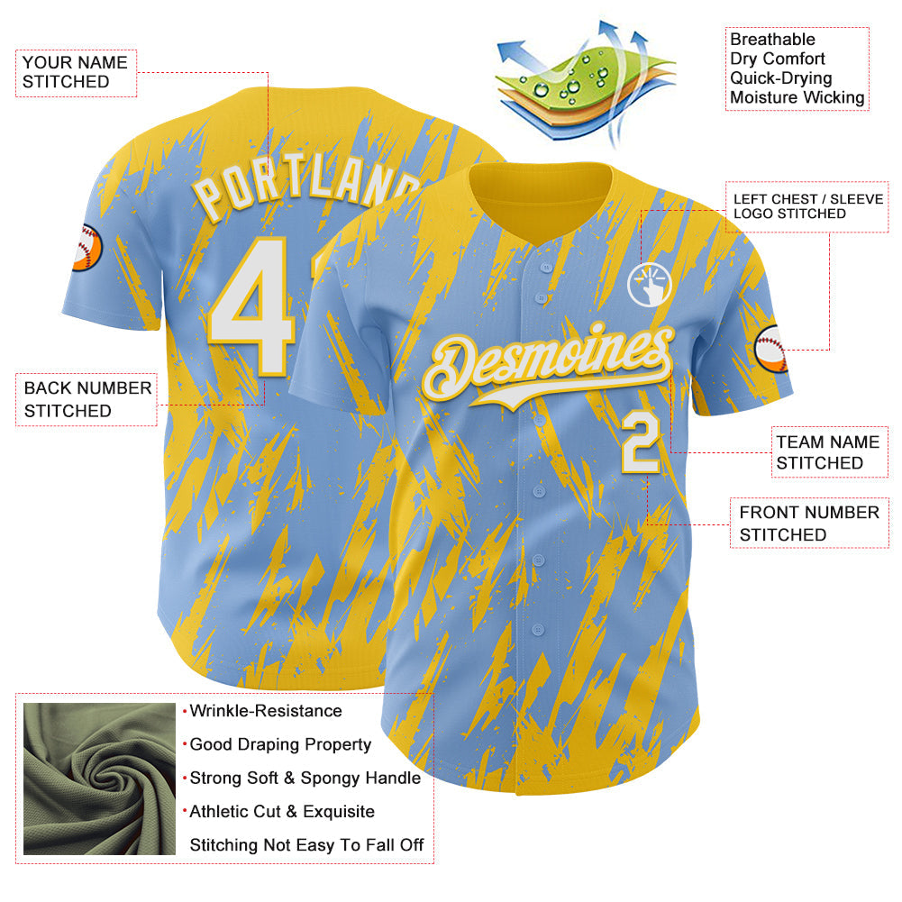 Custom Light Blue White-Yellow Splatter Torn Sharp Brush Stroke Authentic Baseball Jersey view 3