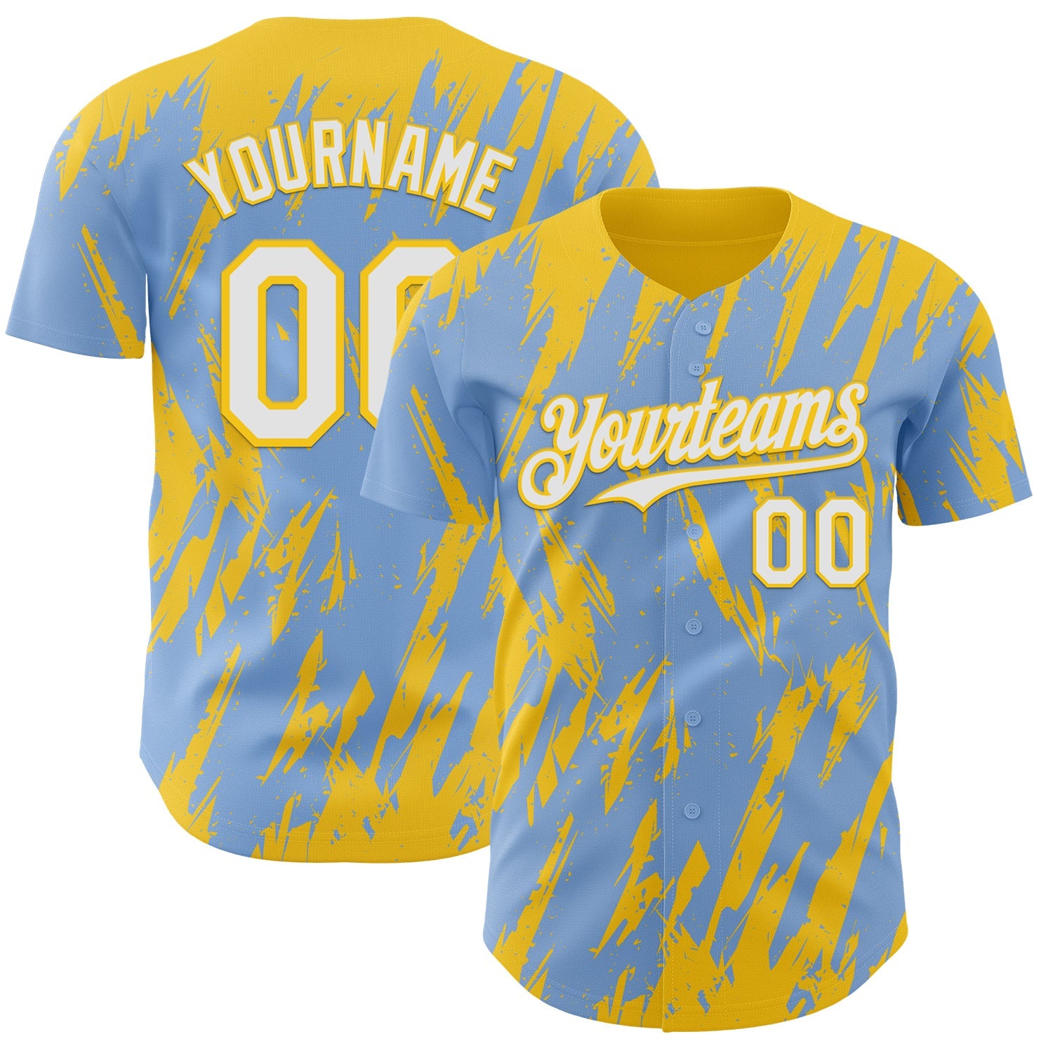Custom Light Blue White-Yellow Splatter Torn Sharp Brush Stroke Authentic Baseball Jersey - Main View