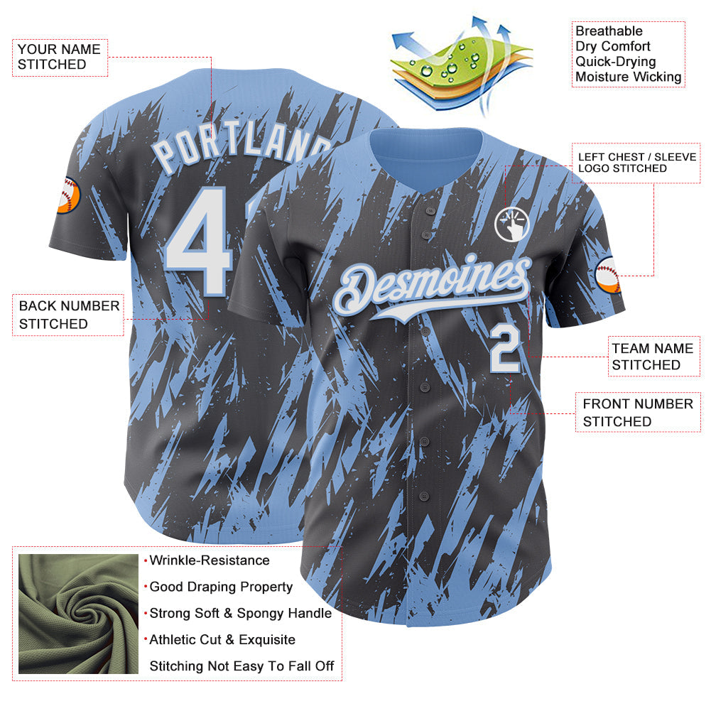 Custom Steel Gray White-Light Blue Splatter Torn Sharp Brush Stroke Authentic Baseball Jersey view 3