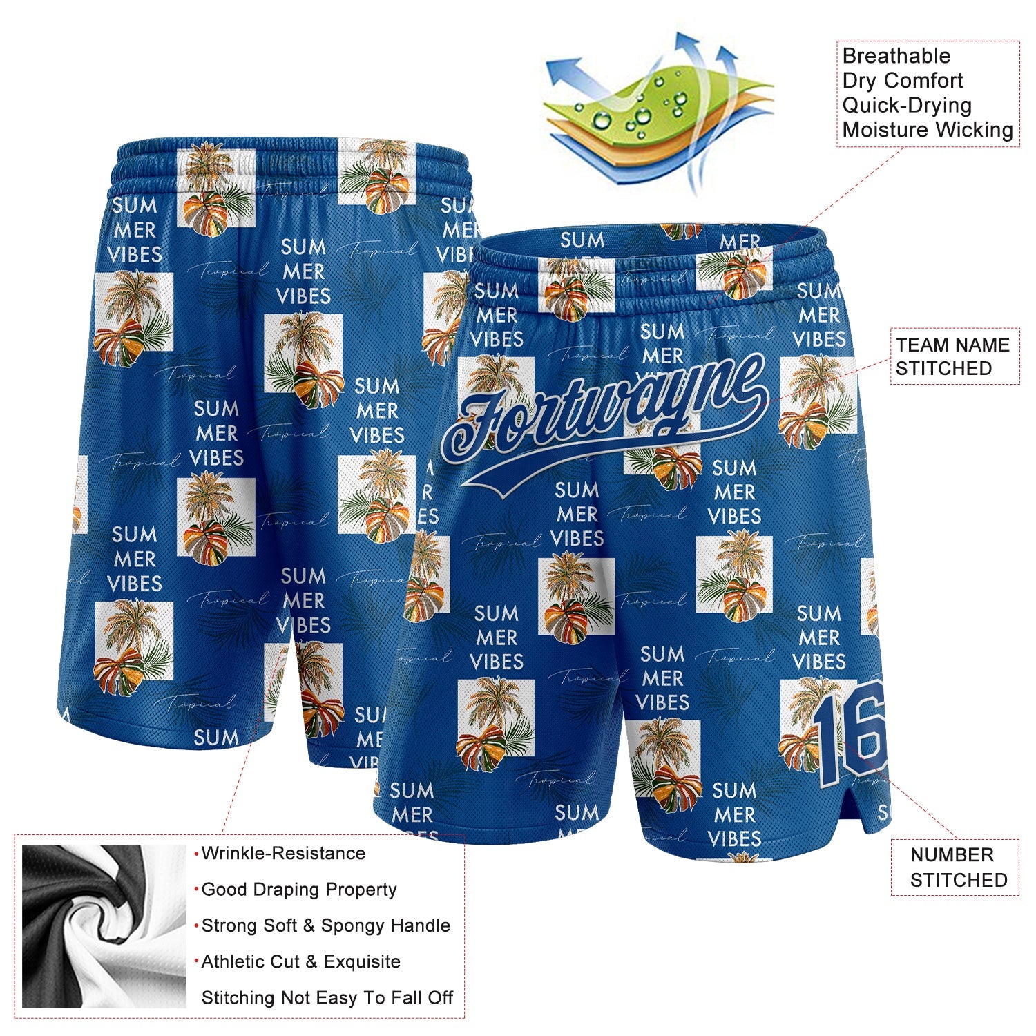 Custom Royal US Navy Blue-White 3D Pattern Hawaii Palm Trees Authentic Basketball Shorts view 2