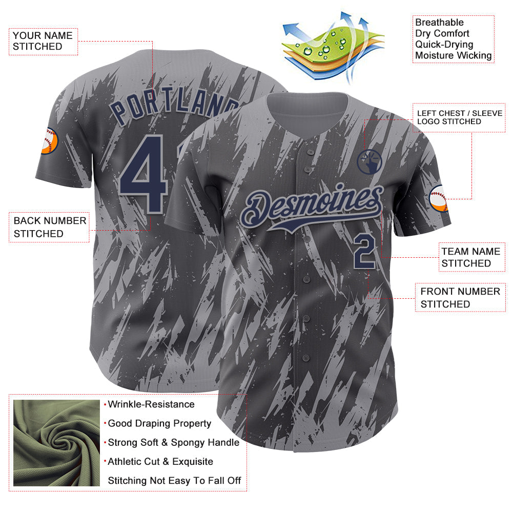 Custom Steel Gray Navy-Gray Splatter Torn Sharp Brush Stroke Authentic Baseball Jersey view 3