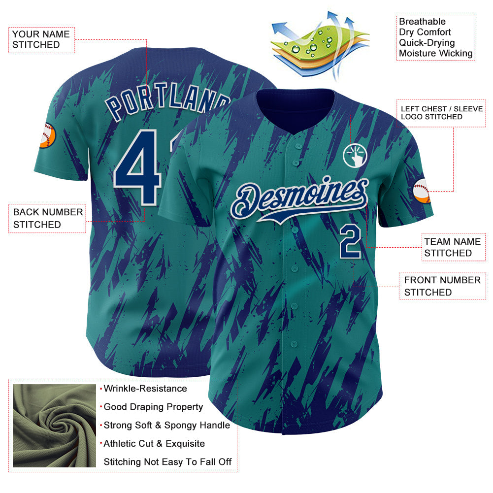 Custom Teal US Navy Blue-White Splatter Torn Sharp Brush Stroke Authentic Baseball Jersey view 3