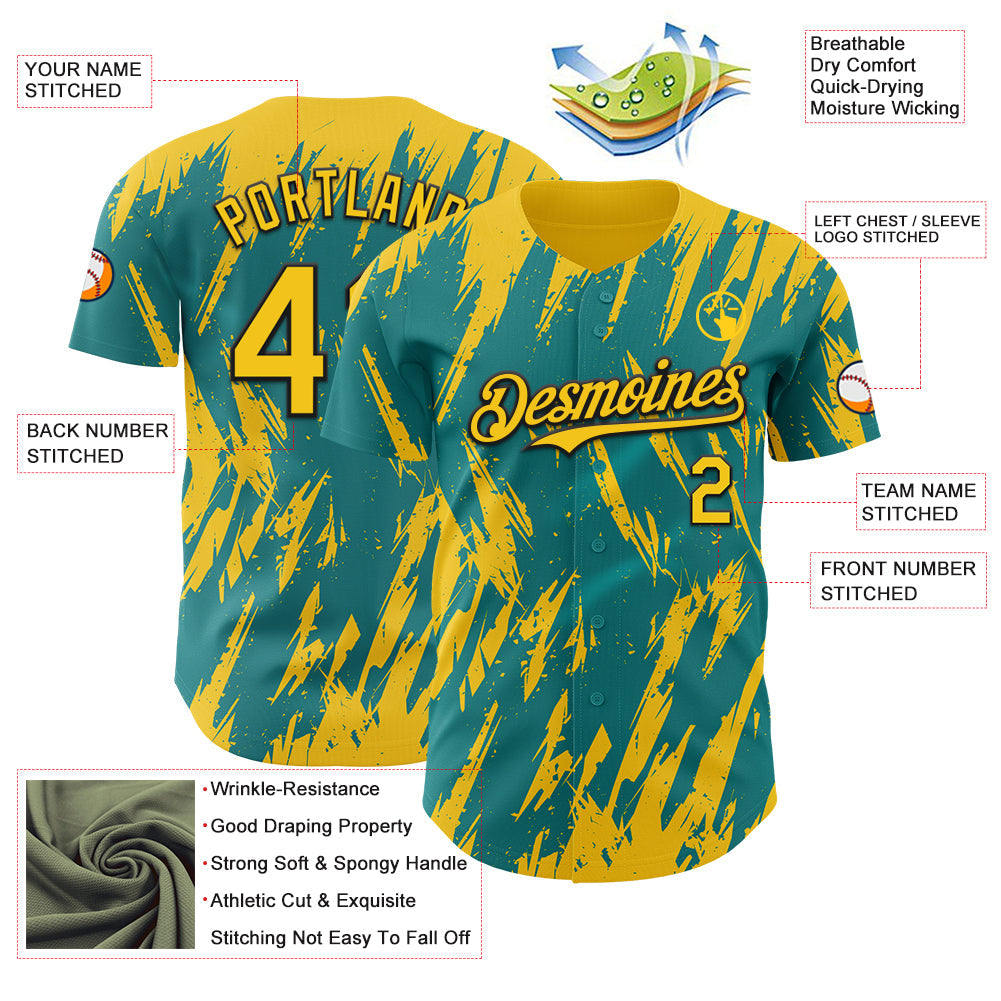 Custom Teal Yellow-Black Splatter Torn Sharp Brush Stroke Authentic Baseball Jersey view 3