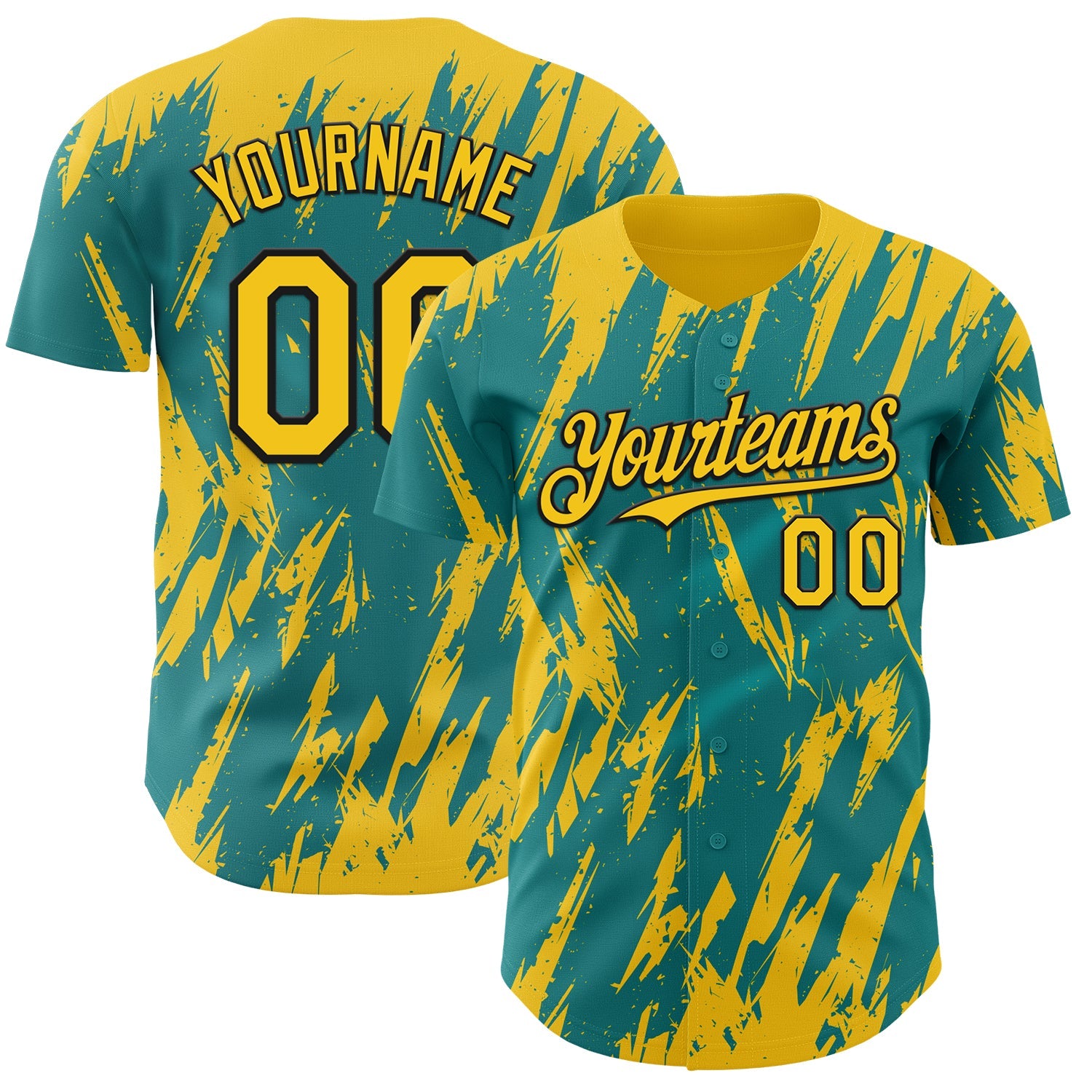 Custom Teal Yellow-Black Splatter Torn Sharp Brush Stroke Authentic Baseball Jersey - Main View