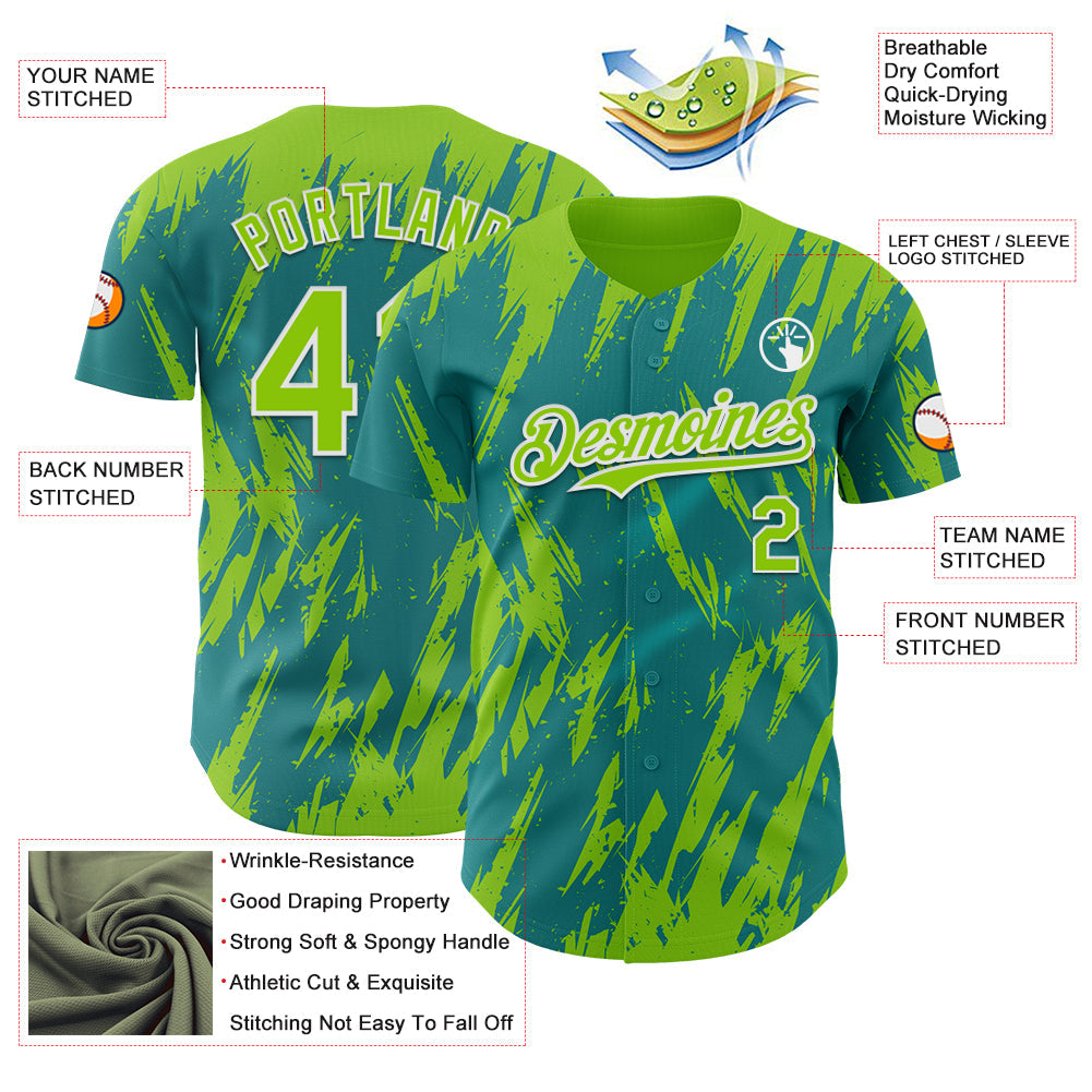 Custom Teal Neon Green-White Splatter Torn Sharp Brush Stroke Authentic Baseball Jersey view 3