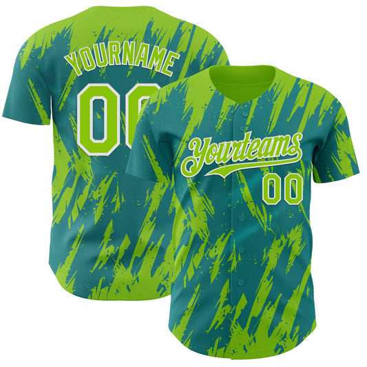 Custom Teal Neon Green-White Splatter Torn Sharp Brush Stroke Authentic Baseball Jersey - Main View