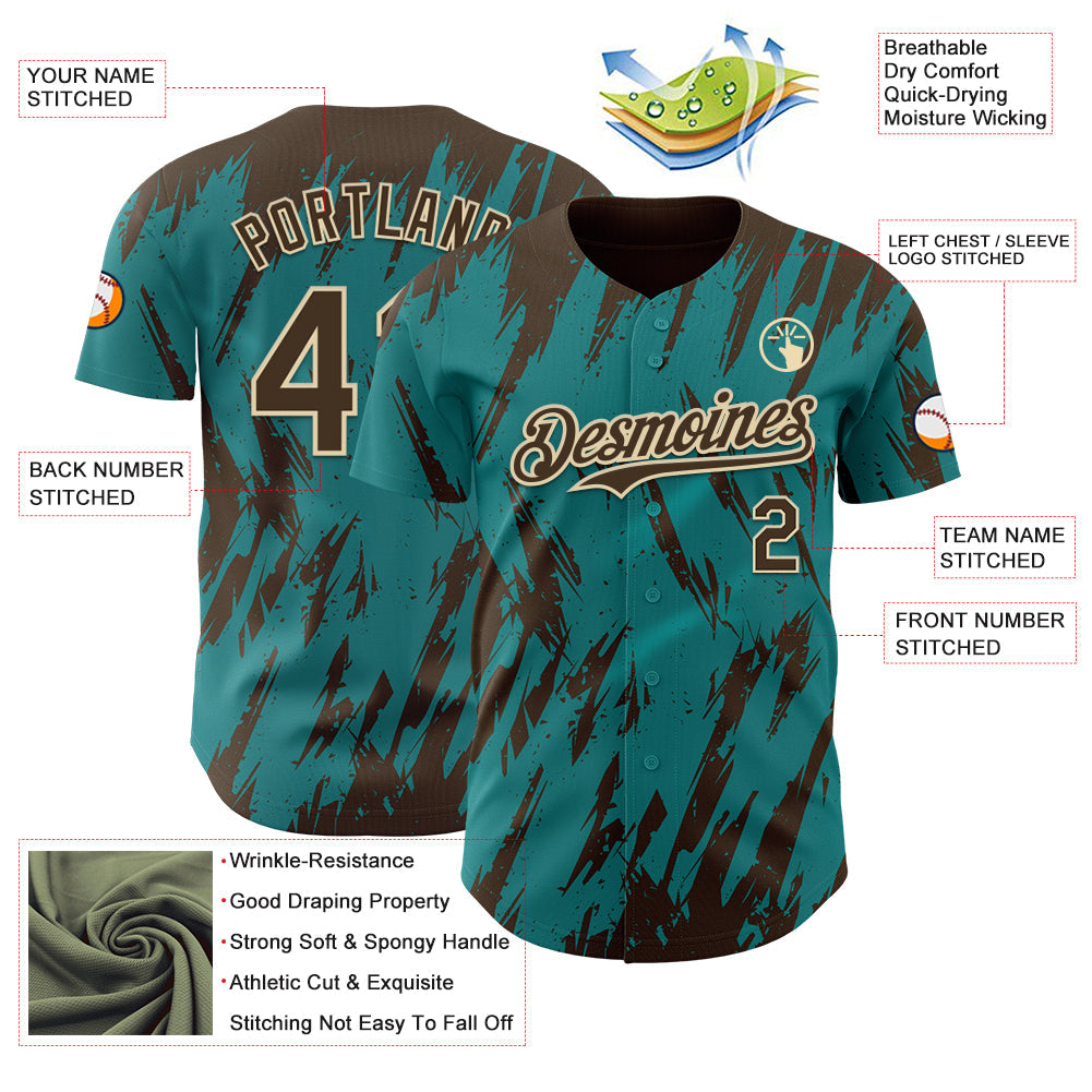 Custom Teal Brown-Cream Splatter Torn Sharp Brush Stroke Authentic Baseball Jersey view 3