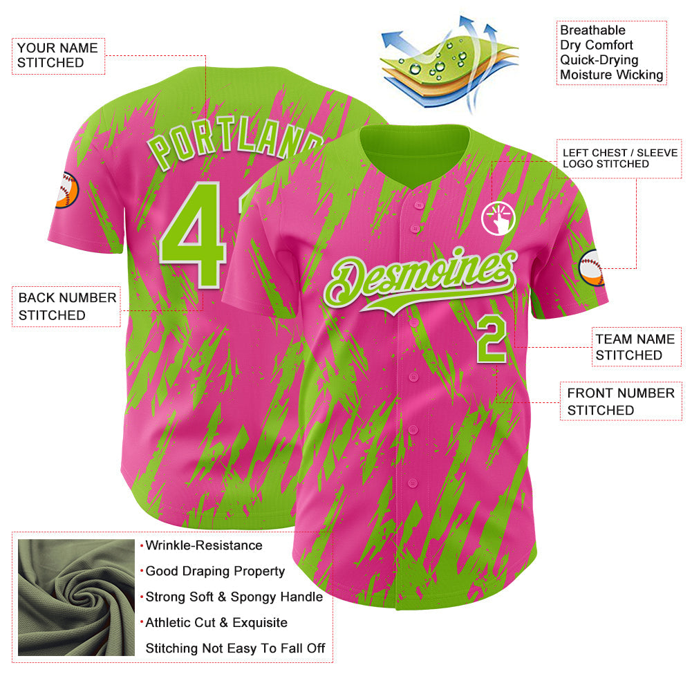 Custom Pink Neon Green-White Splatter Torn Sharp Brush Stroke Authentic Baseball Jersey view 3