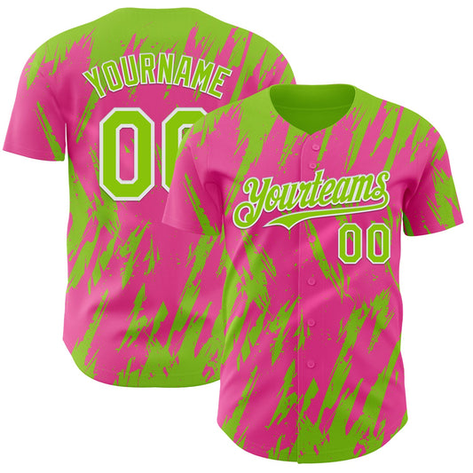 Custom Pink Neon Green-White Splatter Torn Sharp Brush Stroke Authentic Baseball Jersey - Main View