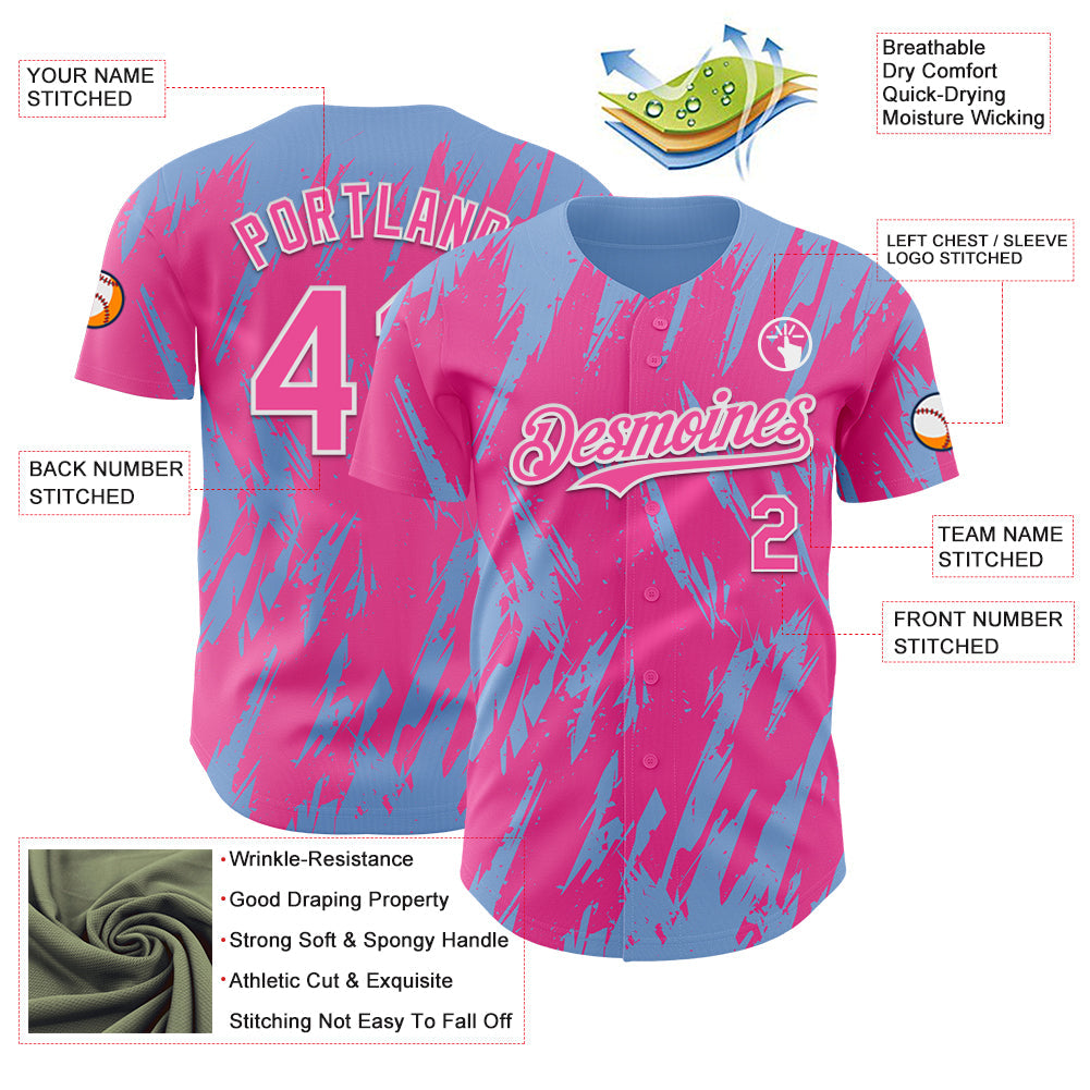 Custom Pink White-Light Blue Splatter Torn Sharp Brush Stroke Authentic Baseball Jersey view 3