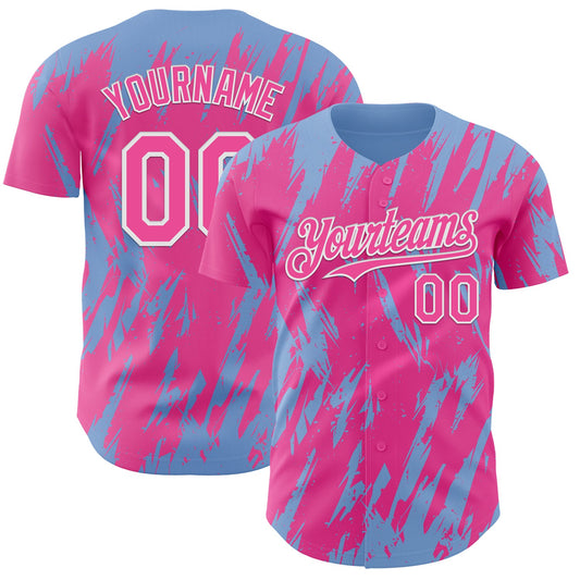Custom Pink White-Light Blue Splatter Torn Sharp Brush Stroke Authentic Baseball Jersey - Main View