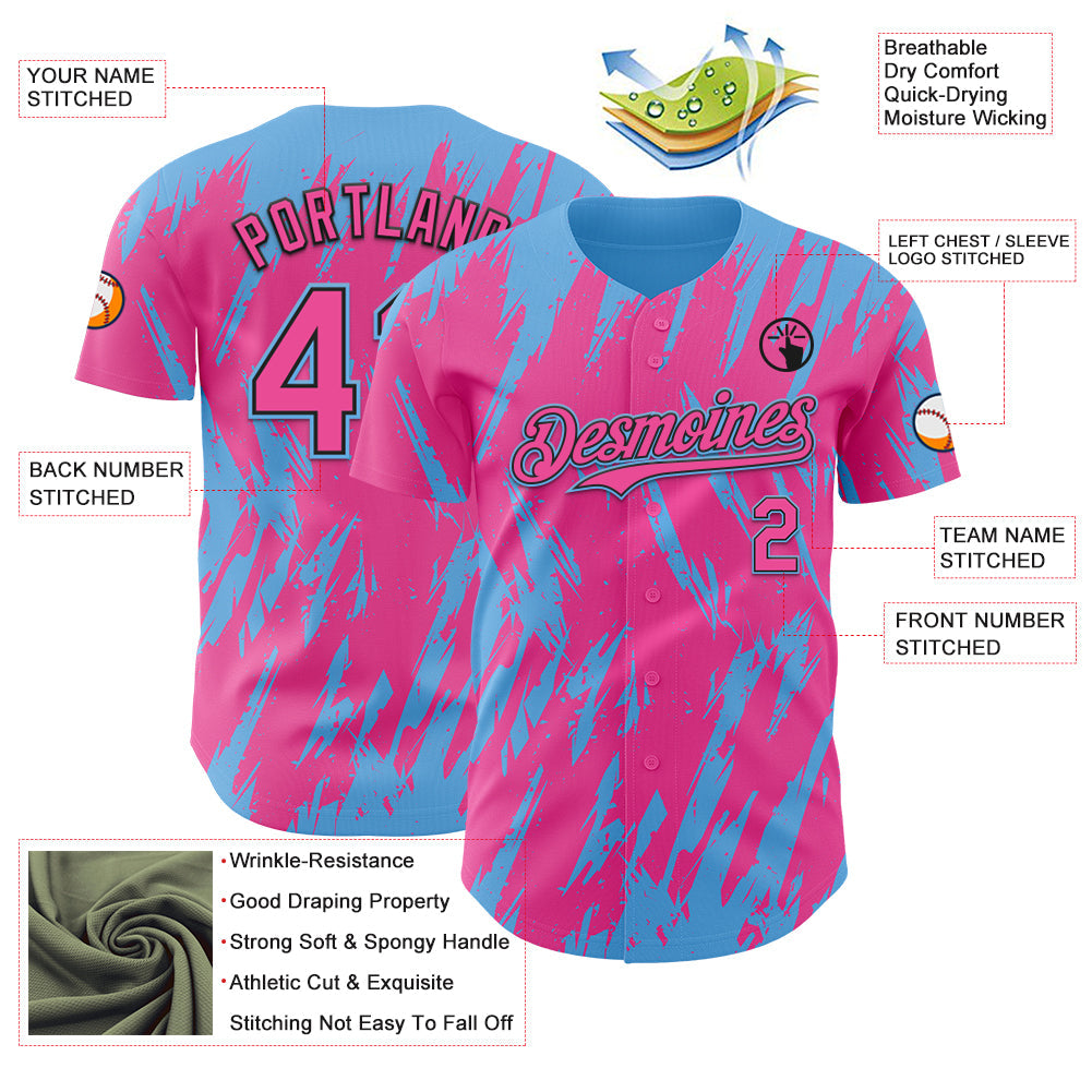 Custom Pink Black-Sky Blue Splatter Torn Sharp Brush Stroke Authentic Baseball Jersey view 3