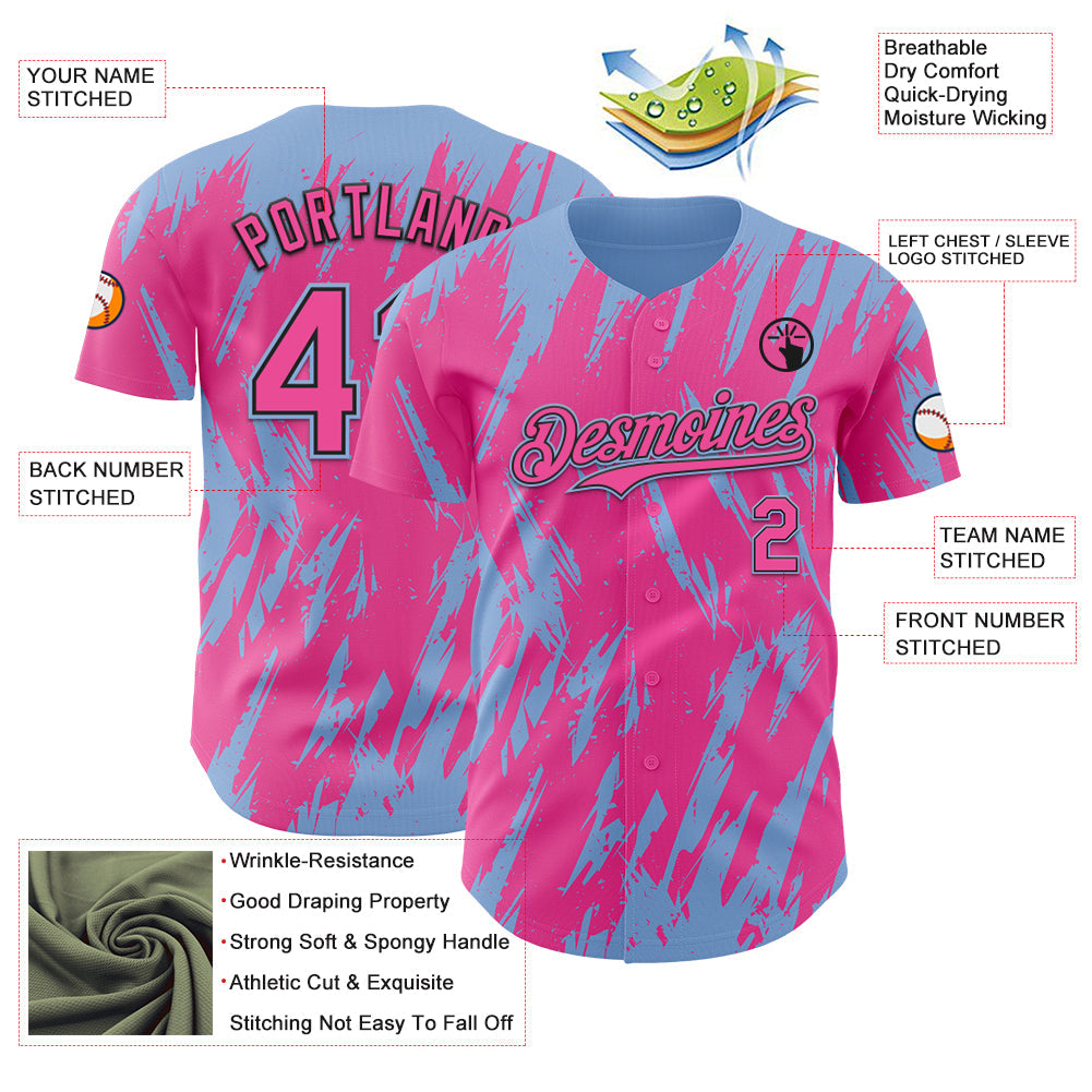 Custom Pink Black-Light Blue Splatter Torn Sharp Brush Stroke Authentic Baseball Jersey view 3