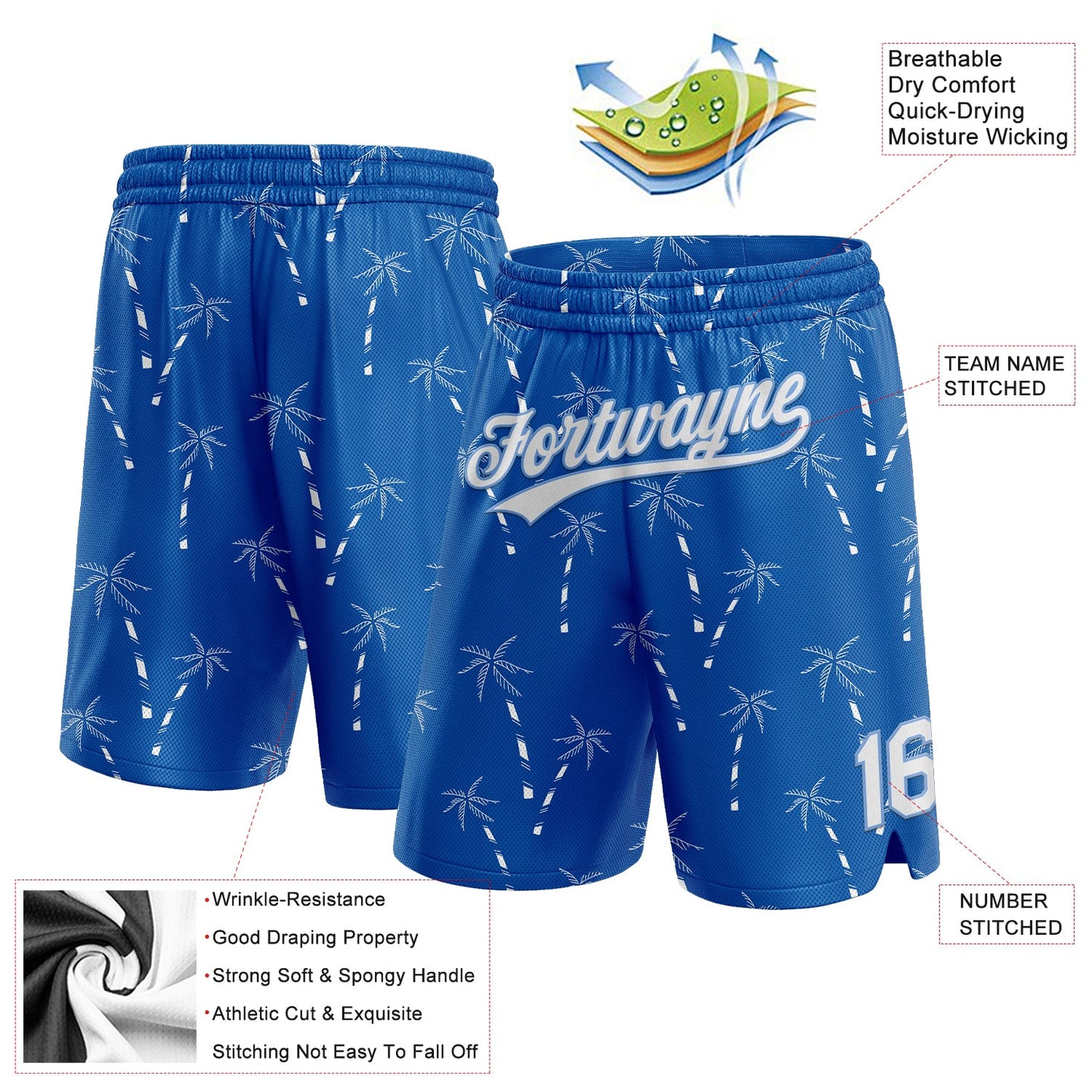 Custom Royal White-Light Blue 3D Pattern Hawaii Palm Trees Authentic Basketball Shorts view 2