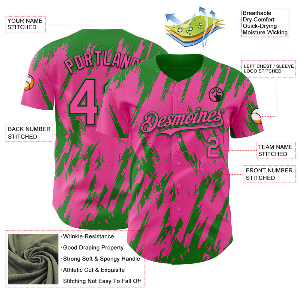 Custom Pink Black-Grass Green Splatter Torn Sharp Brush Stroke Authentic Baseball Jersey view 3