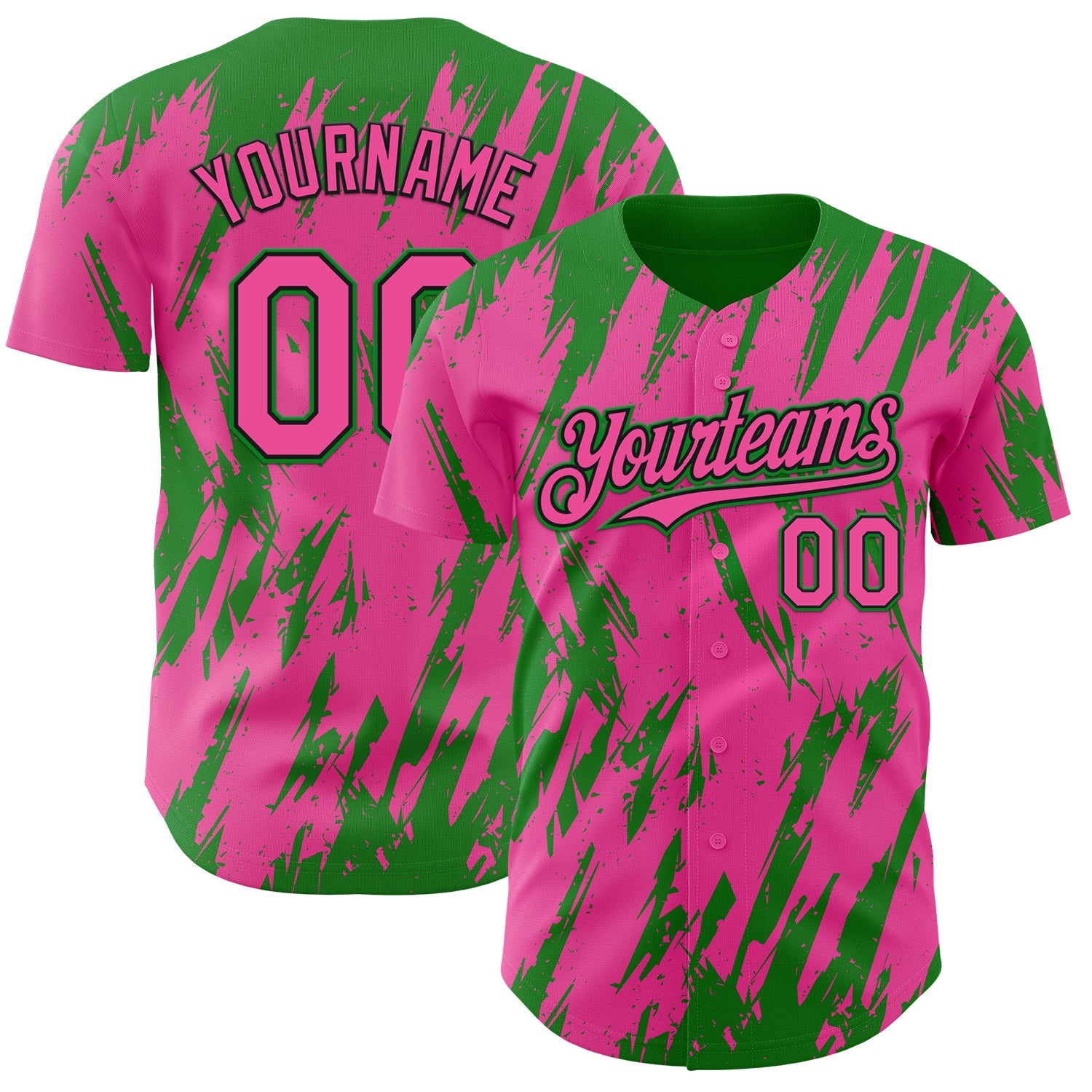 Custom Pink Black-Grass Green Splatter Torn Sharp Brush Stroke Authentic Baseball Jersey - Main View