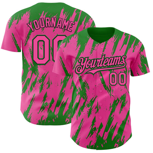 Custom Pink Black-Grass Green Splatter Torn Sharp Brush Stroke Authentic Baseball Jersey - Main View