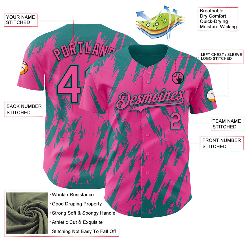 Custom Pink Black-Teal Splatter Torn Sharp Brush Stroke Authentic Baseball Jersey view 3