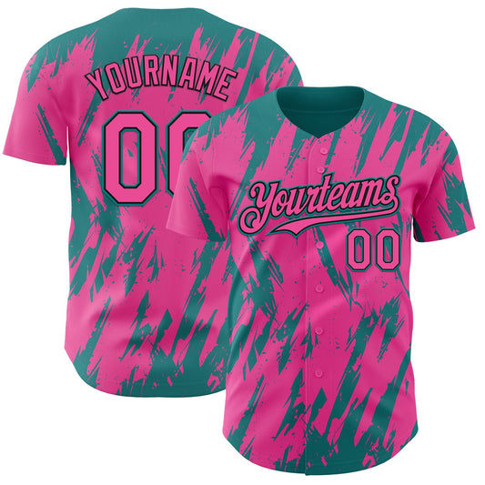 Custom Pink Black-Teal Splatter Torn Sharp Brush Stroke Authentic Baseball Jersey - Main View