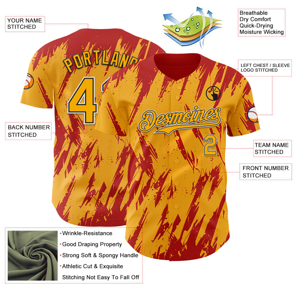 Custom Gold Black-Red Splatter Torn Sharp Brush Stroke Authentic Baseball Jersey view 3