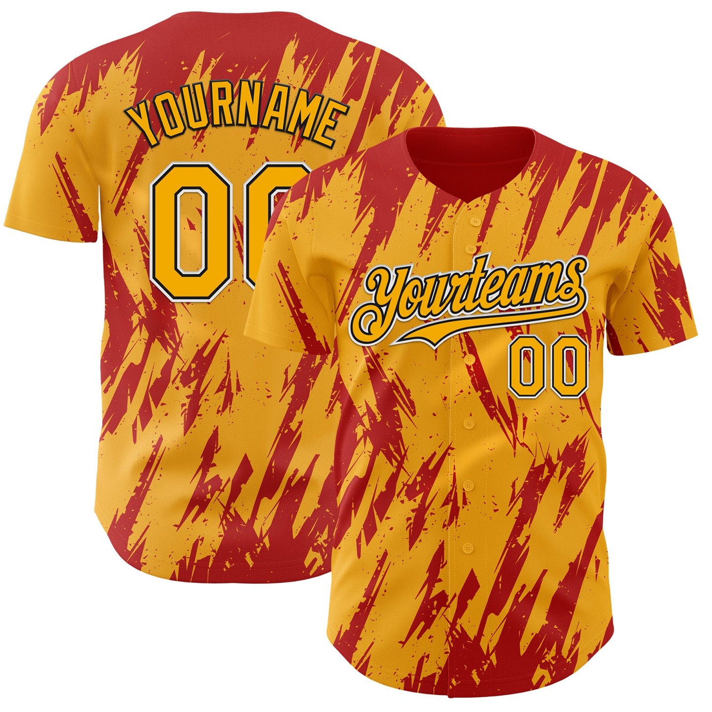 Custom Gold Black-Red Splatter Torn Sharp Brush Stroke Authentic Baseball Jersey - Main View