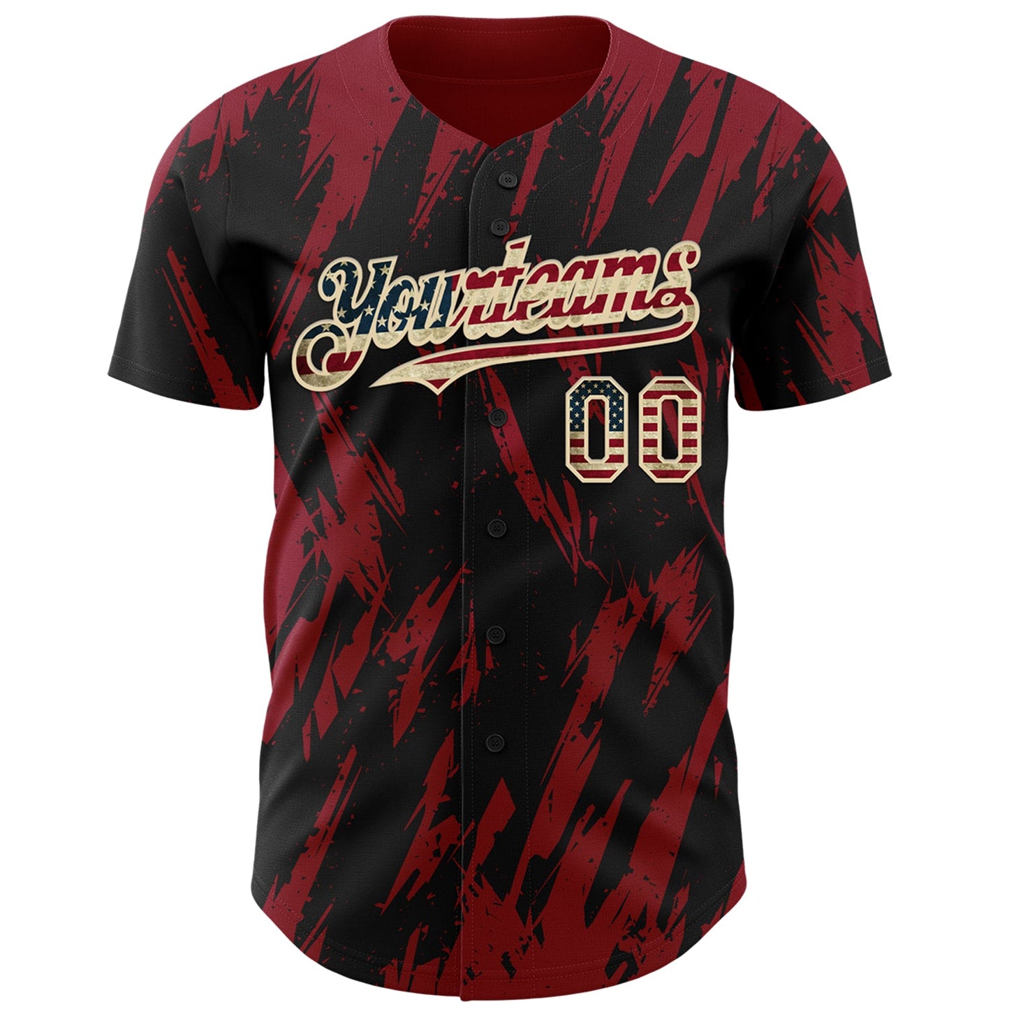 Custom Black Vintage USA Flag Cream-Crimson Splatter Torn Sharp Brush Stroke Authentic Baseball Jersey view 2