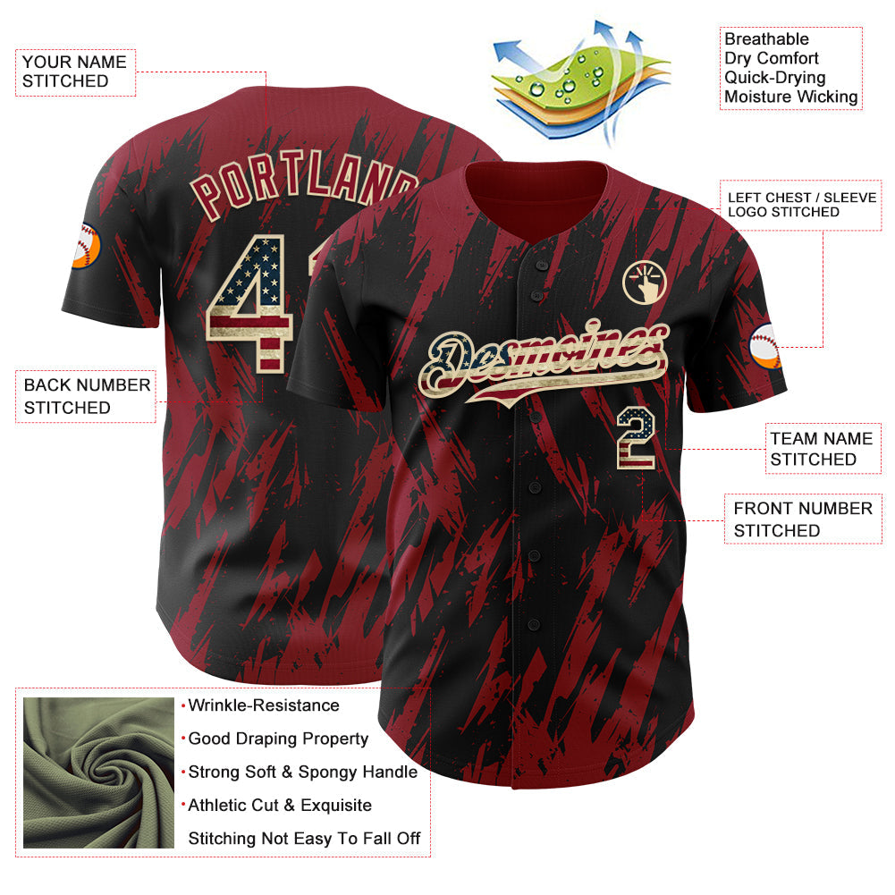 Custom Black Vintage USA Flag Cream-Crimson Splatter Torn Sharp Brush Stroke Authentic Baseball Jersey view 3