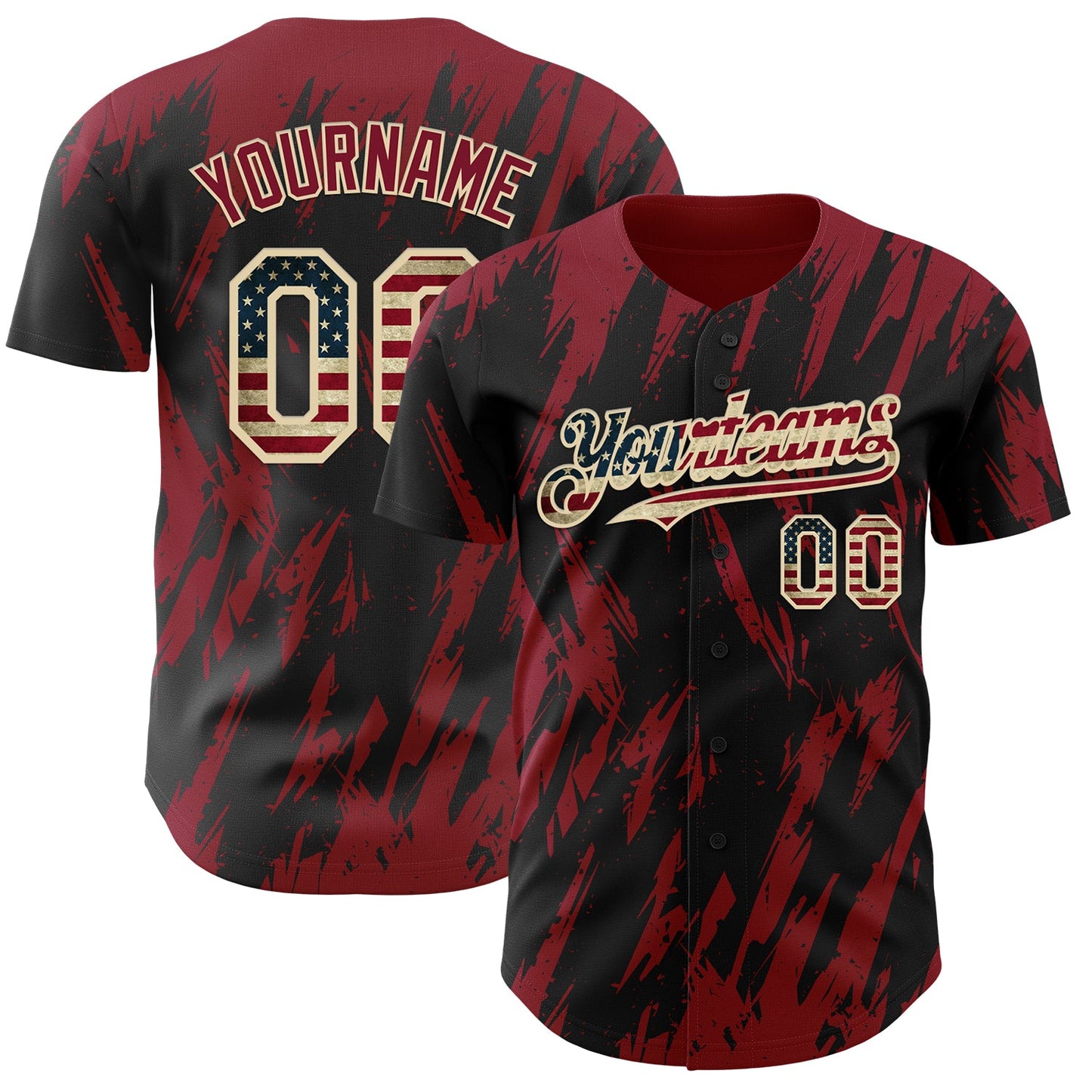 Custom Black Vintage USA Flag Cream-Crimson Splatter Torn Sharp Brush Stroke Authentic Baseball Jersey - Main View