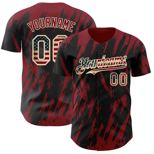 Custom Black Vintage USA Flag Cream-Crimson Splatter Torn Sharp Brush Stroke Authentic Baseball Jersey - Main View