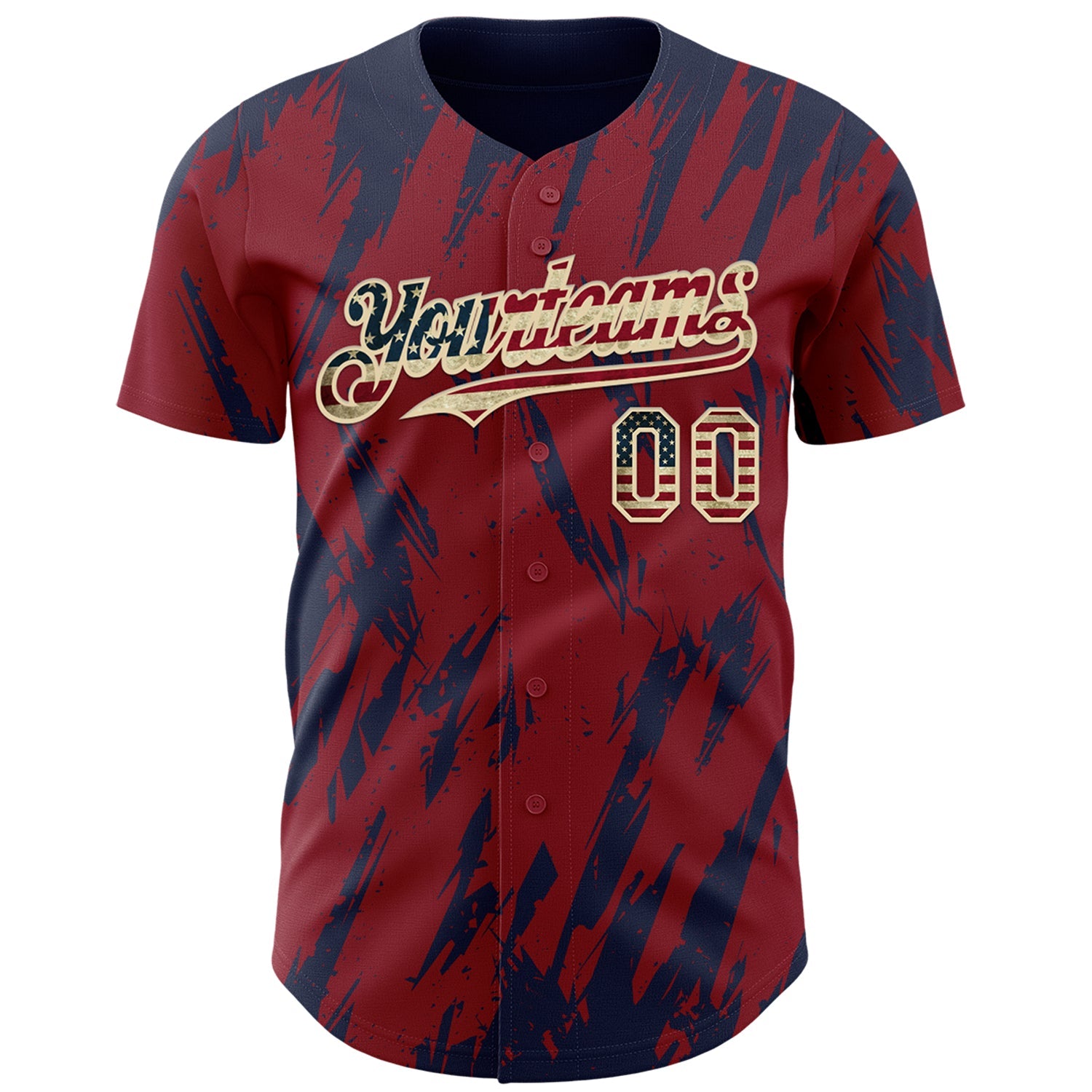 Custom Crimson Vintage USA Flag Cream-Navy Splatter Torn Sharp Brush Stroke Authentic Baseball Jersey view 2