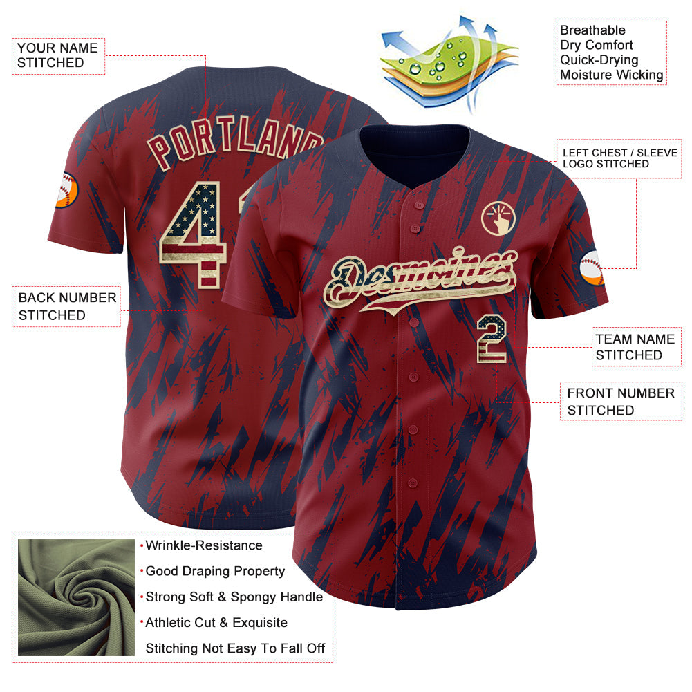 Custom Crimson Vintage USA Flag Cream-Navy Splatter Torn Sharp Brush Stroke Authentic Baseball Jersey view 3