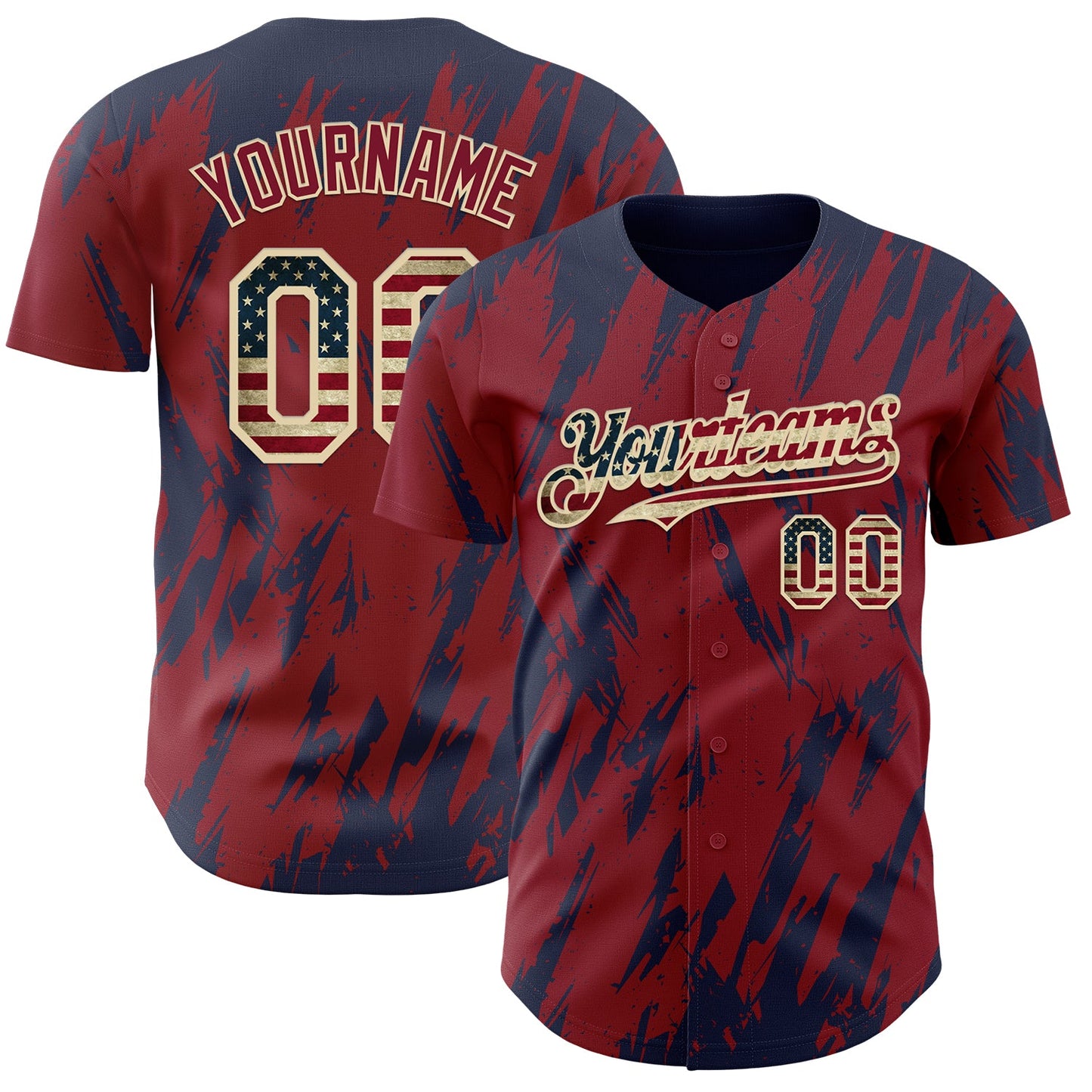 Custom Crimson Vintage USA Flag Cream-Navy Splatter Torn Sharp Brush Stroke Authentic Baseball Jersey - Main View