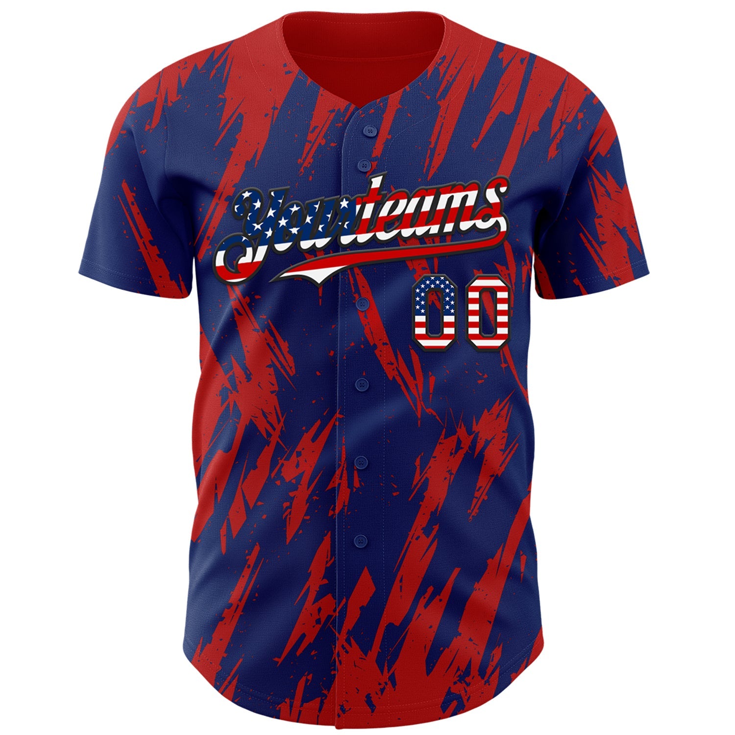 Custom Royal Vintage USA Flag Black-Red Splatter Torn Sharp Brush Stroke Authentic Baseball Jersey view 2