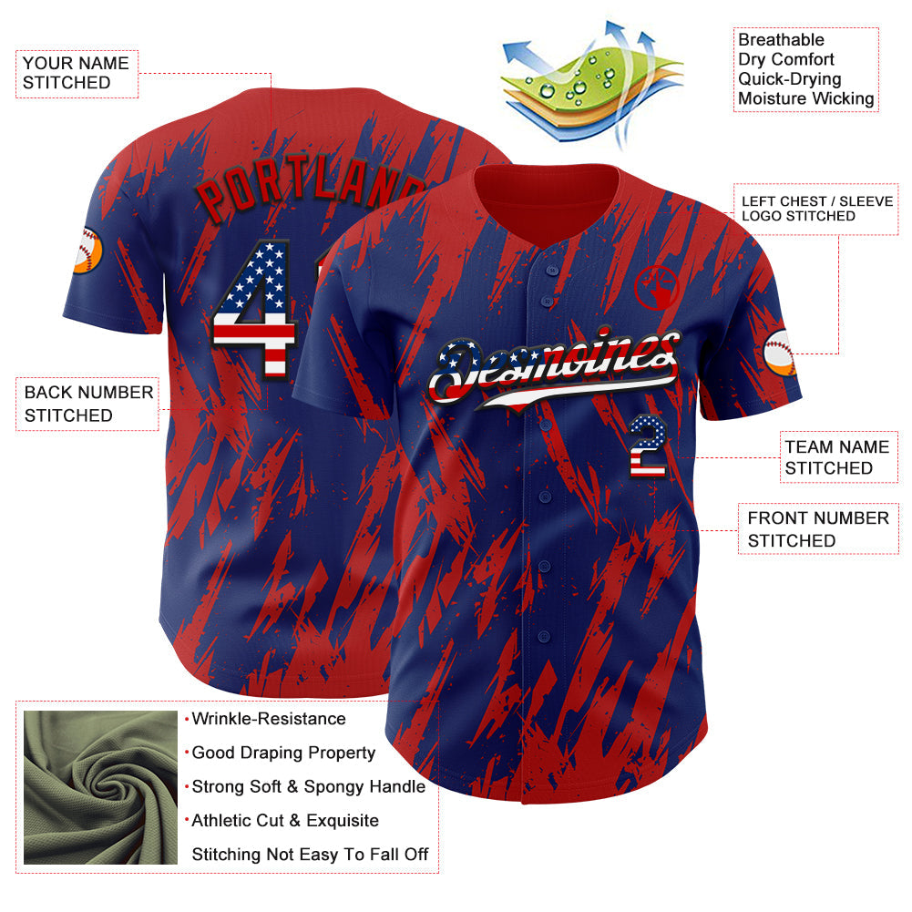 Custom Royal Vintage USA Flag Black-Red Splatter Torn Sharp Brush Stroke Authentic Baseball Jersey view 3