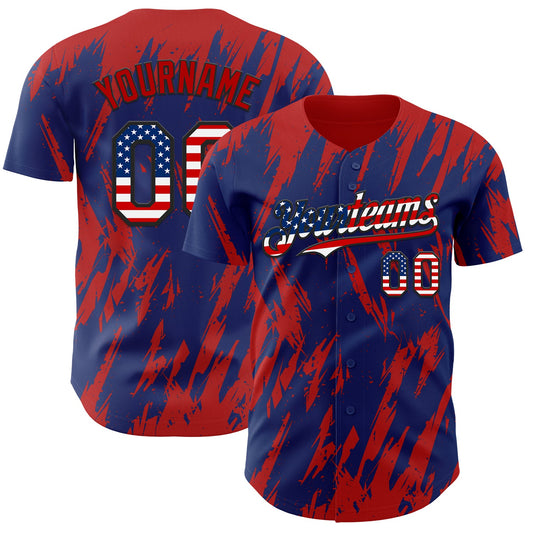 Custom Royal Vintage USA Flag Black-Red Splatter Torn Sharp Brush Stroke Authentic Baseball Jersey - Main View