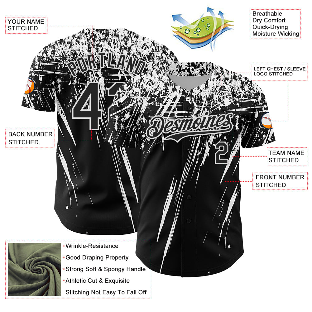Custom Black White Distressed Scratch Brush Stroke Authentic Baseball Jersey view 3