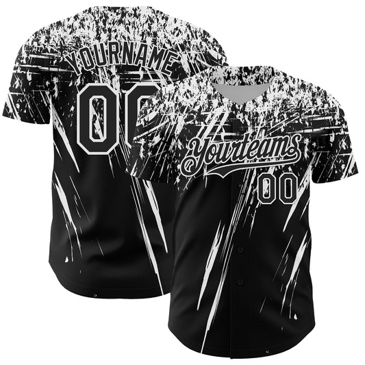 Custom Black White Distressed Scratch Brush Stroke Authentic Baseball Jersey - Main View
