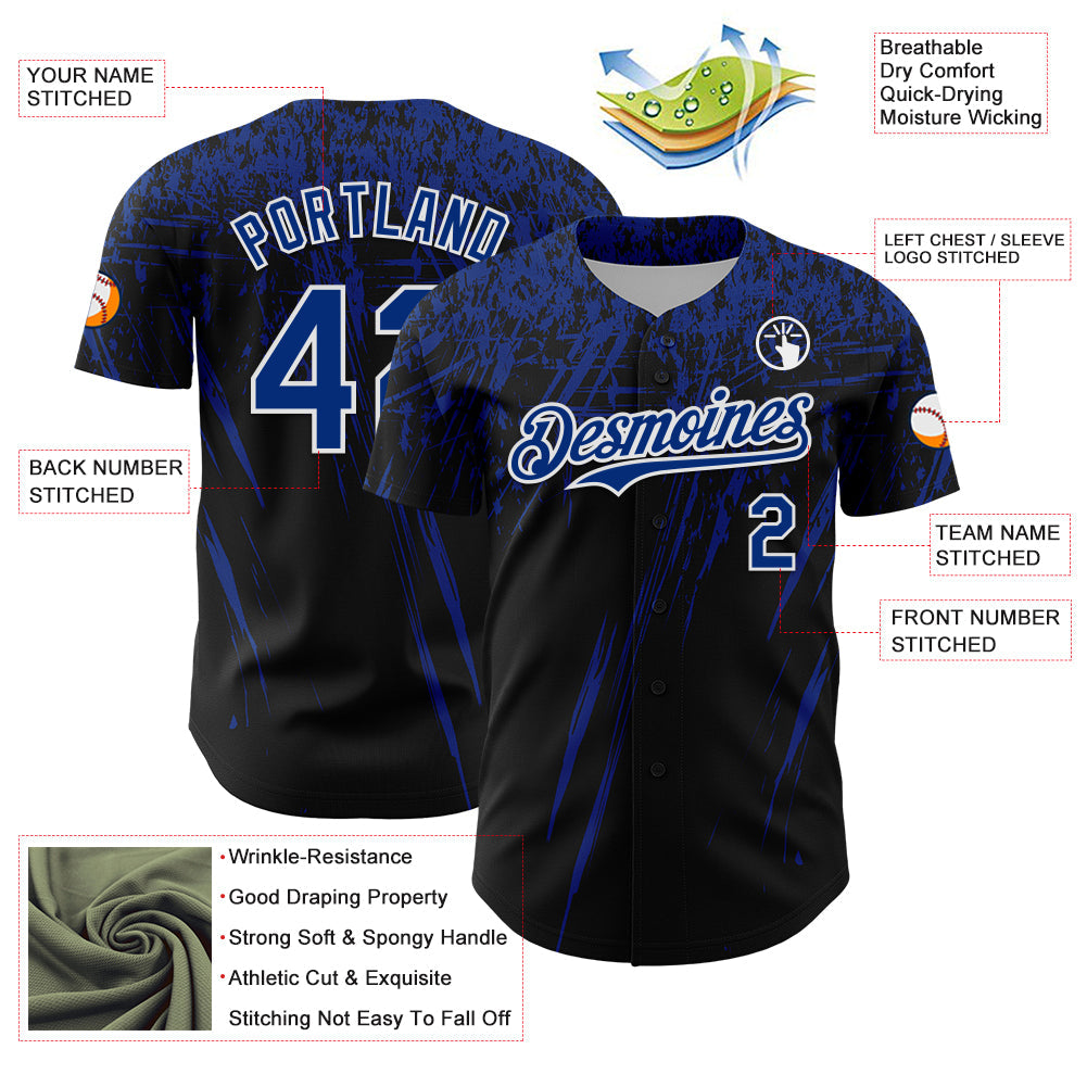 Custom Black Royal-White Distressed Scratch Brush Stroke Authentic Baseball Jersey view 3