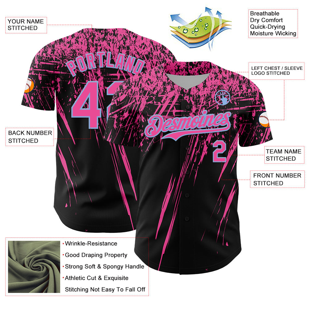 Custom Black Pink-Light Blue Distressed Scratch Brush Stroke Authentic Baseball Jersey view 3