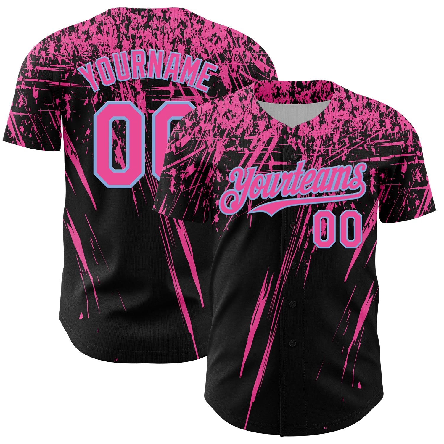 Custom Black Pink-Light Blue Distressed Scratch Brush Stroke Authentic Baseball Jersey - Main View
