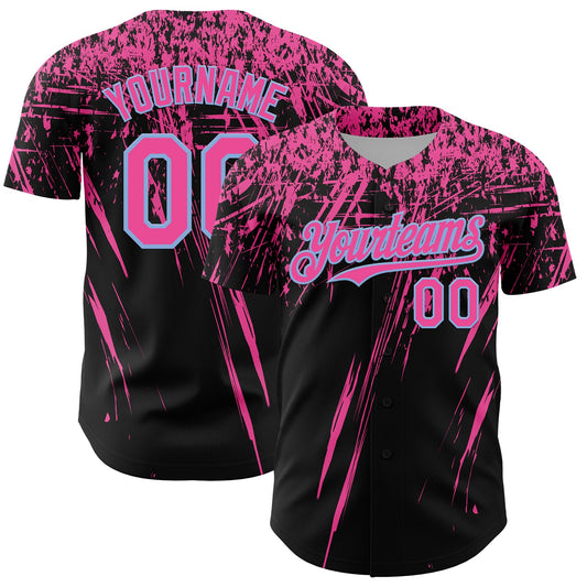 Custom Black Pink-Light Blue Distressed Scratch Brush Stroke Authentic Baseball Jersey - Main View