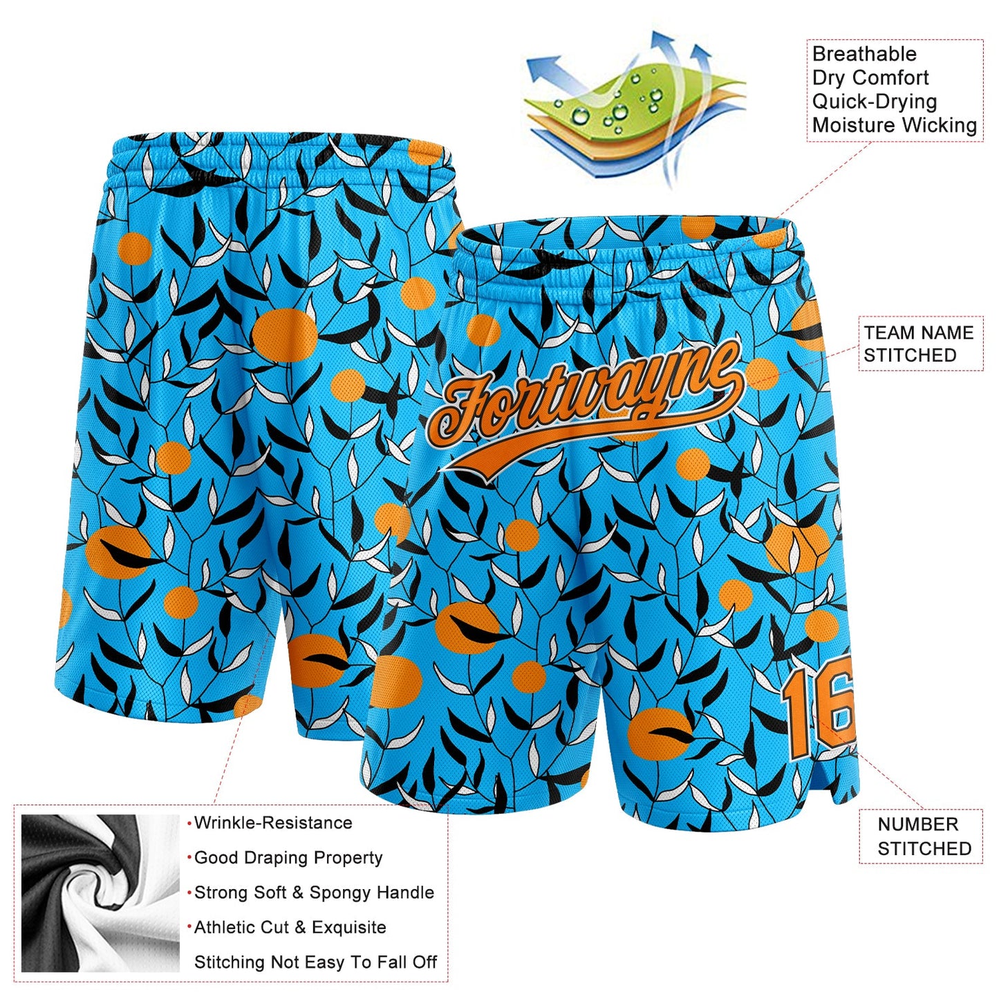 Custom Lakes Blue Bay Orange-Black 3D Pattern Hawaii Leaves And Orange Authentic Basketball Shorts view 2